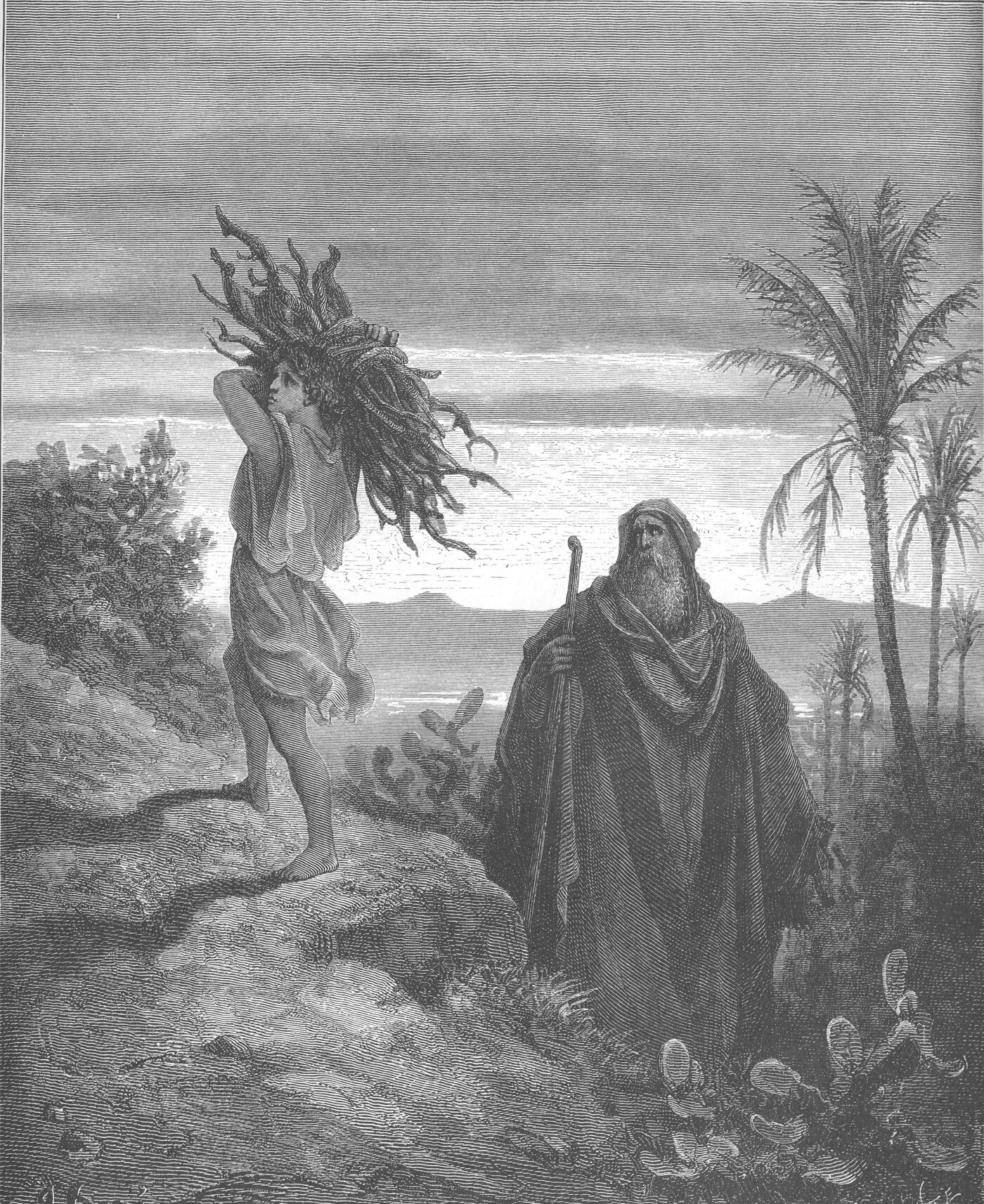 Engraving of the trial of Abraham's faith, Isaac bearing the wood as they climb the mount — Gustave Doré
