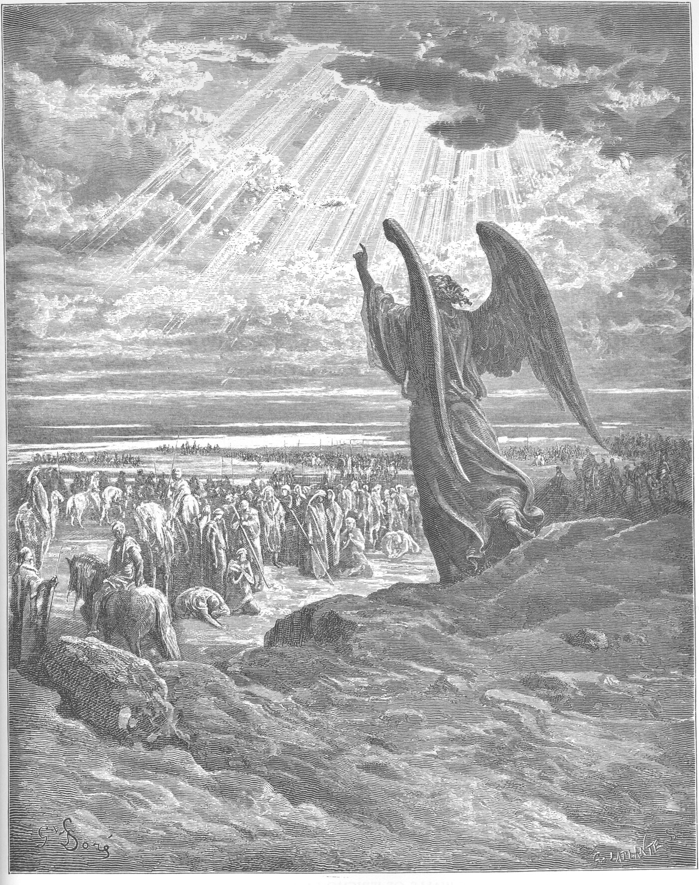 The angel, captain of the LORD's host, appearing to Joshua with beams of light — Gustave Doré