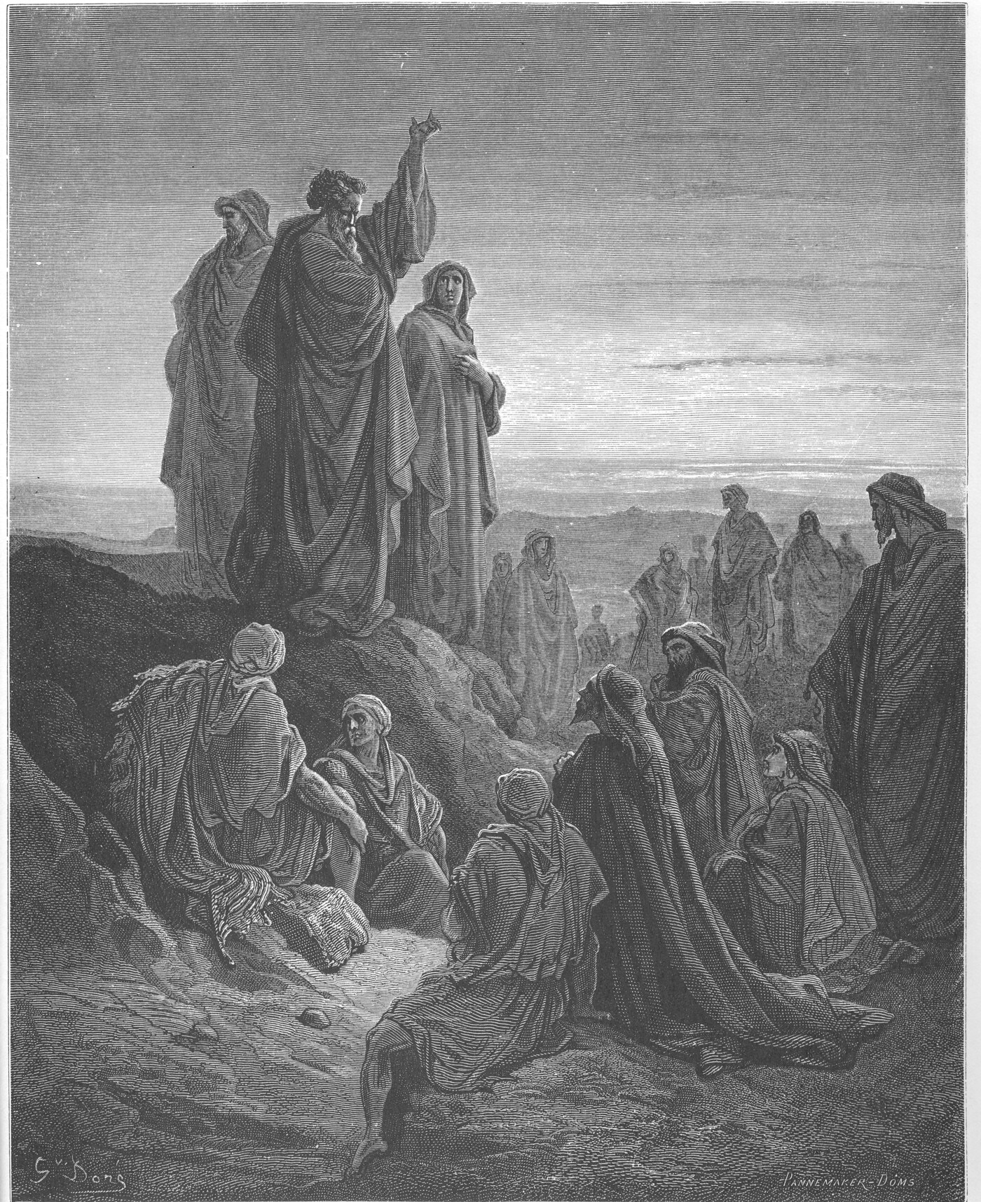 Engraving of the apostles preaching the gospel, Peter with arm raised — Gustave Doré