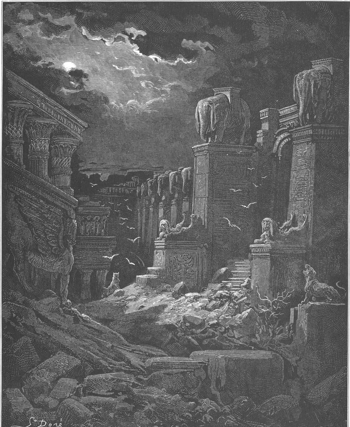 Engraving of the moonlit ruins of fallen Babylon — Gustave Doré