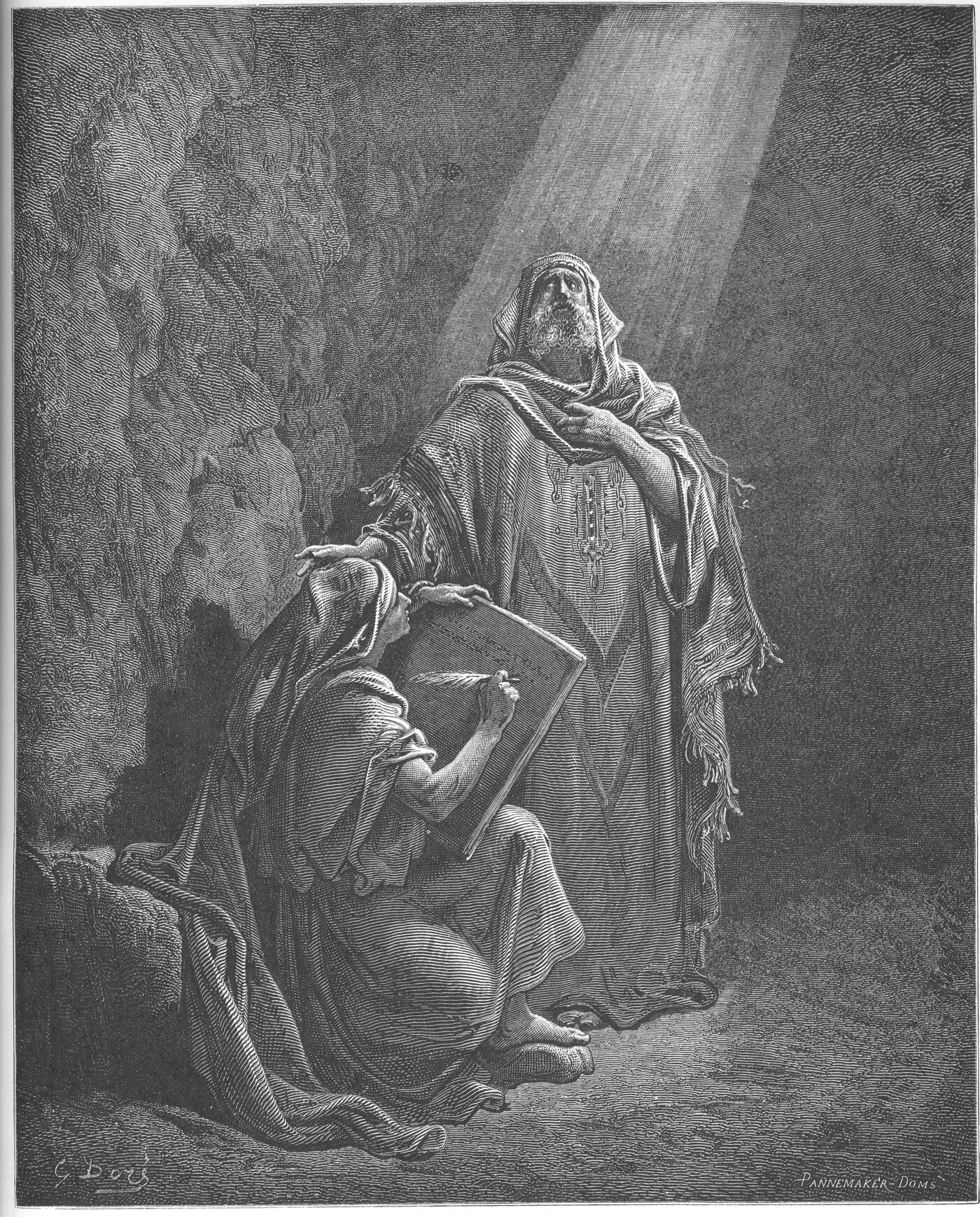 Baruch the scribe writing down the prophecies of Jeremiah from his dictation — Gustave Doré