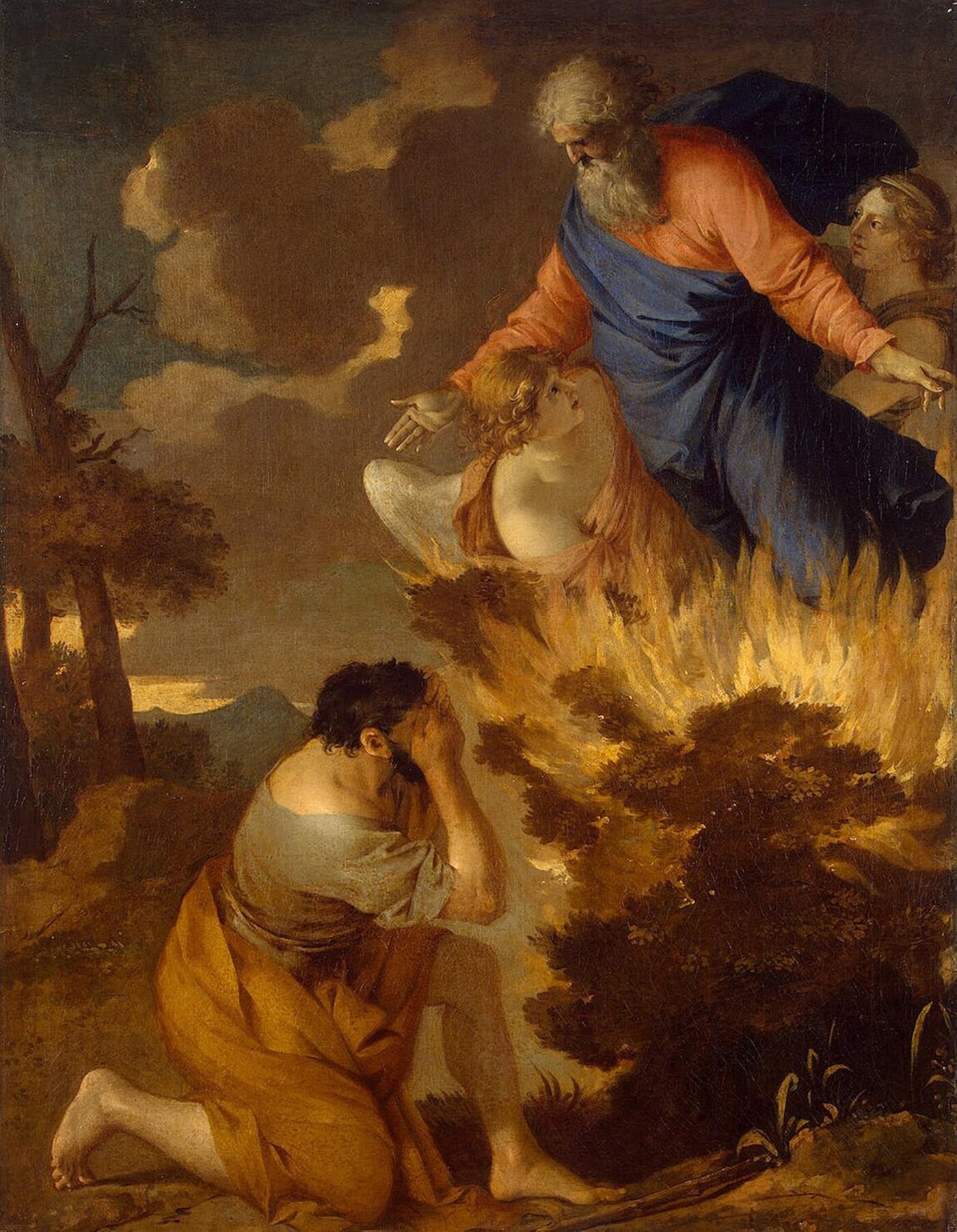 Moses hiding his face before the burning bush, the Lord appearing above — Sébastien Bourdon