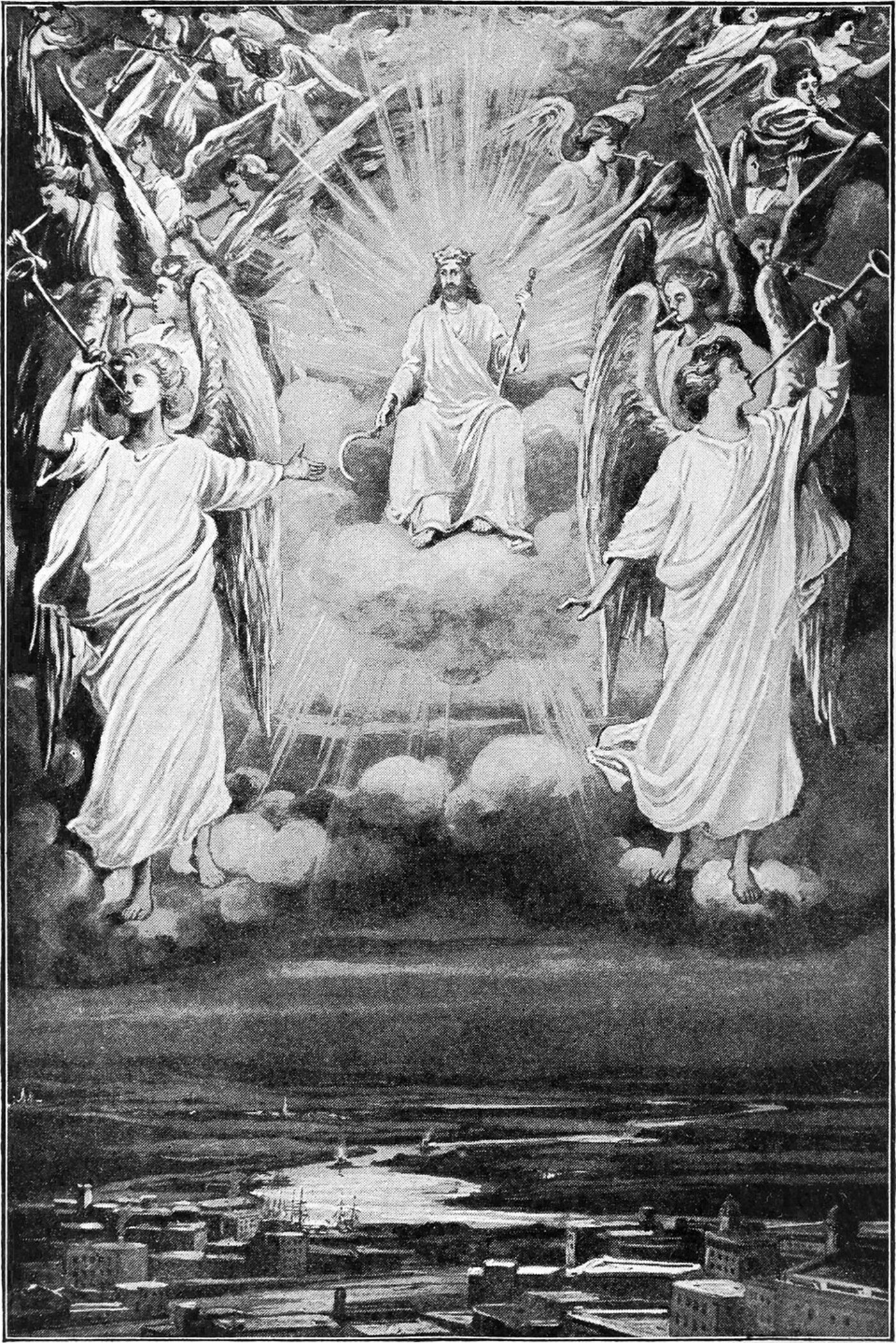 Christ coming in glory, enthroned amid angels with trumpets