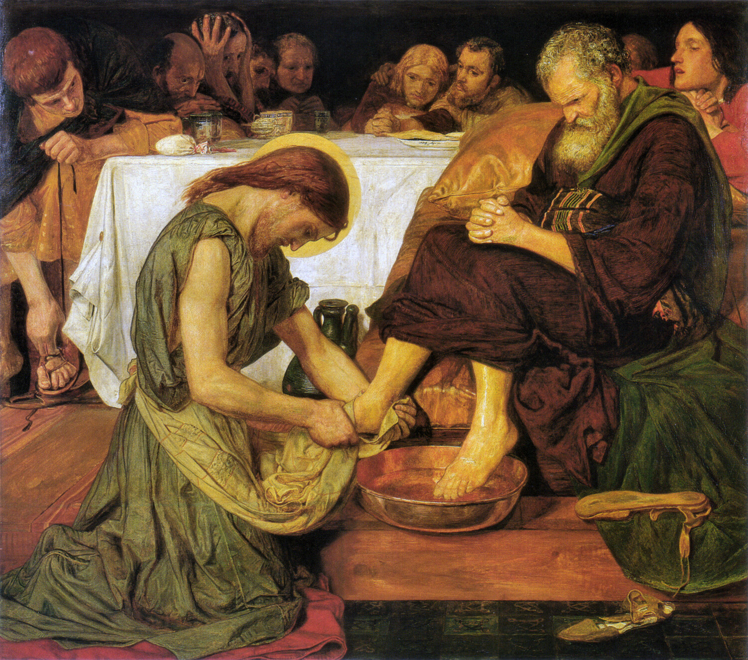Jesus washing Peter's feet, kneeling with a basin — Ford Madox Brown