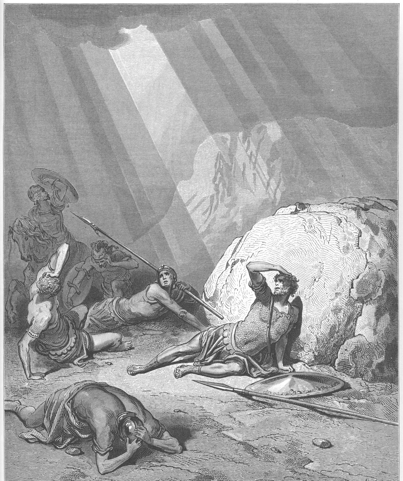Engraving of the conversion of Saul, struck to the ground by light on the Damascus road — Gustave Doré