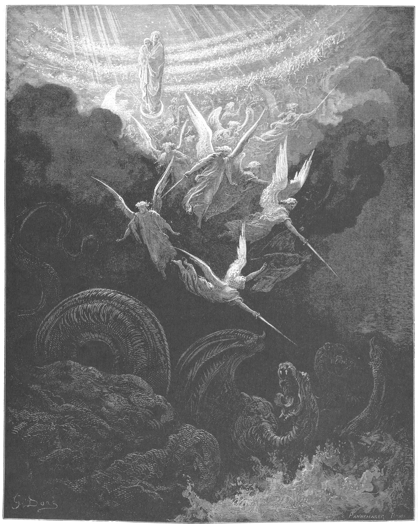 Engraving of the crowned virgin clothed with the sun, the warring angels, and the great dragon below — Gustave Doré
