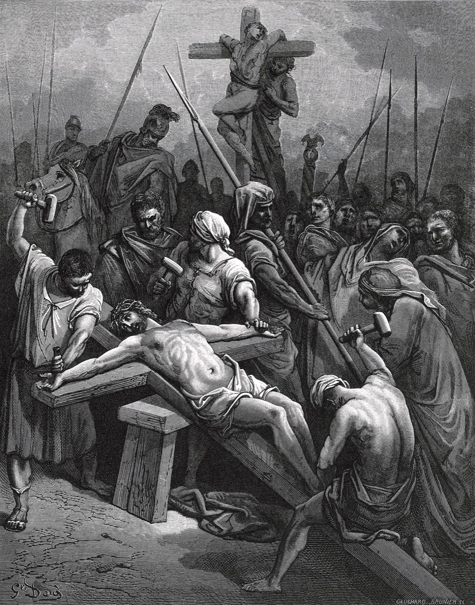 Engraving of the procession to Calvary and the Crucifixion — Gustave Doré