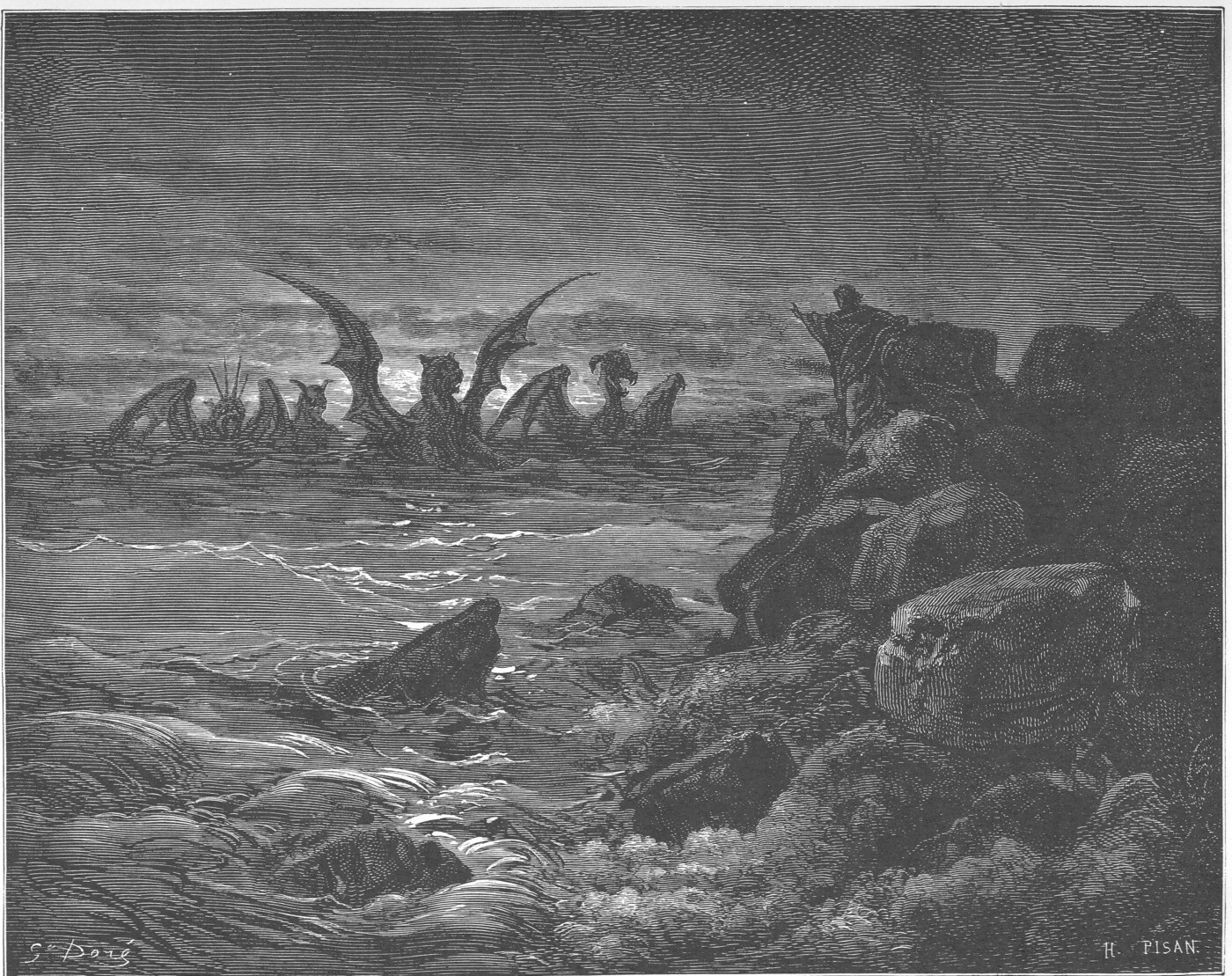 Engraving of Daniel's vision of the four beasts rising from the sea — Gustave Doré