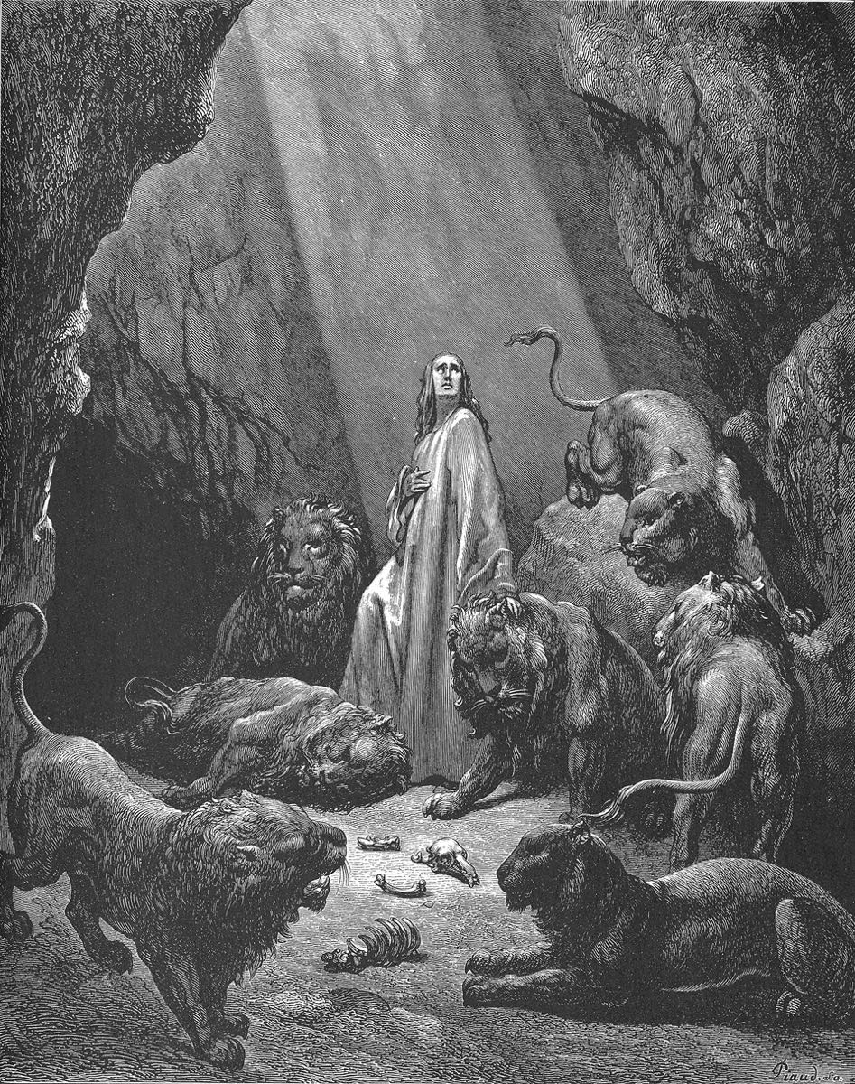 Engraving of Daniel standing unharmed in the lions' den in a shaft of light — Gustave Doré