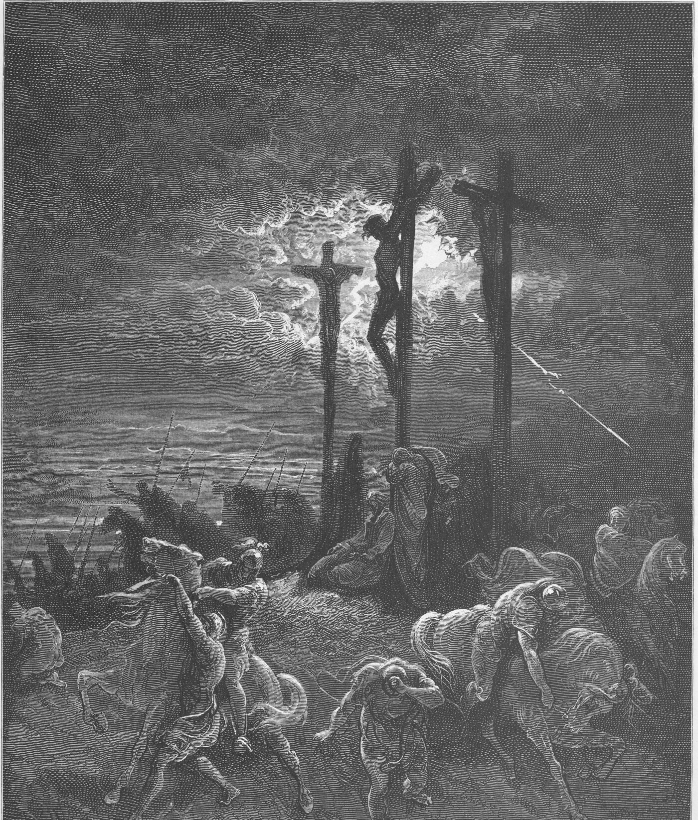 Engraving of the darkness at the crucifixion, three crosses under a blackened sky, the crowd fleeing — Gustave Doré