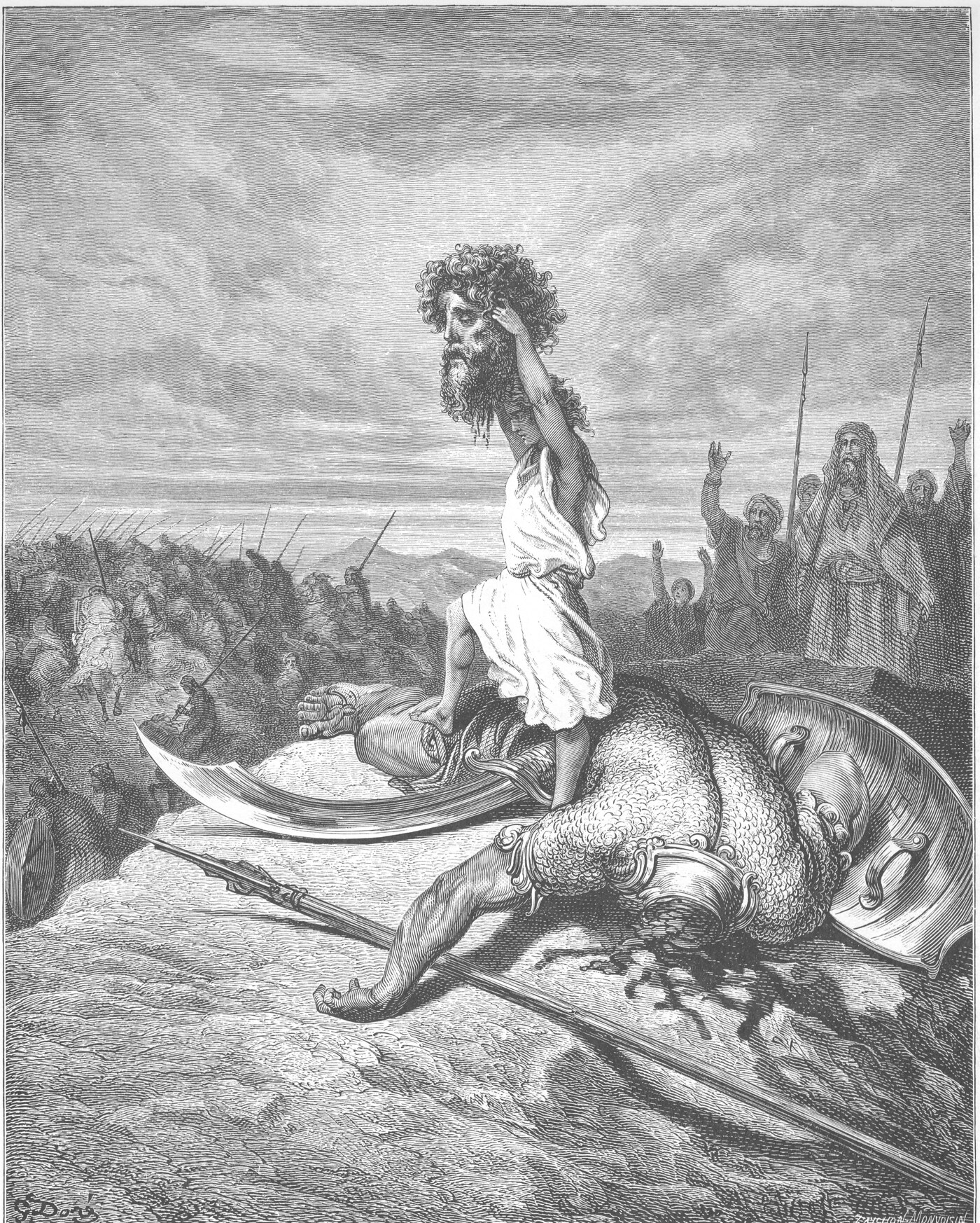 Engraving of David triumphant over Goliath, holding the giant's head aloft — Gustave Doré