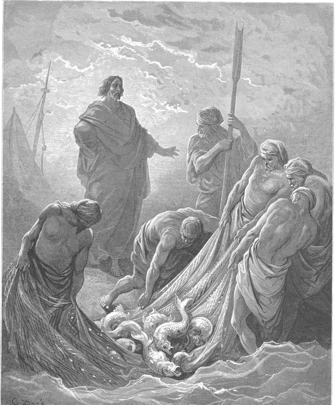 Engraving of the miraculous draught of fishes, the net filling as Jesus stands in the boat — Gustave Doré