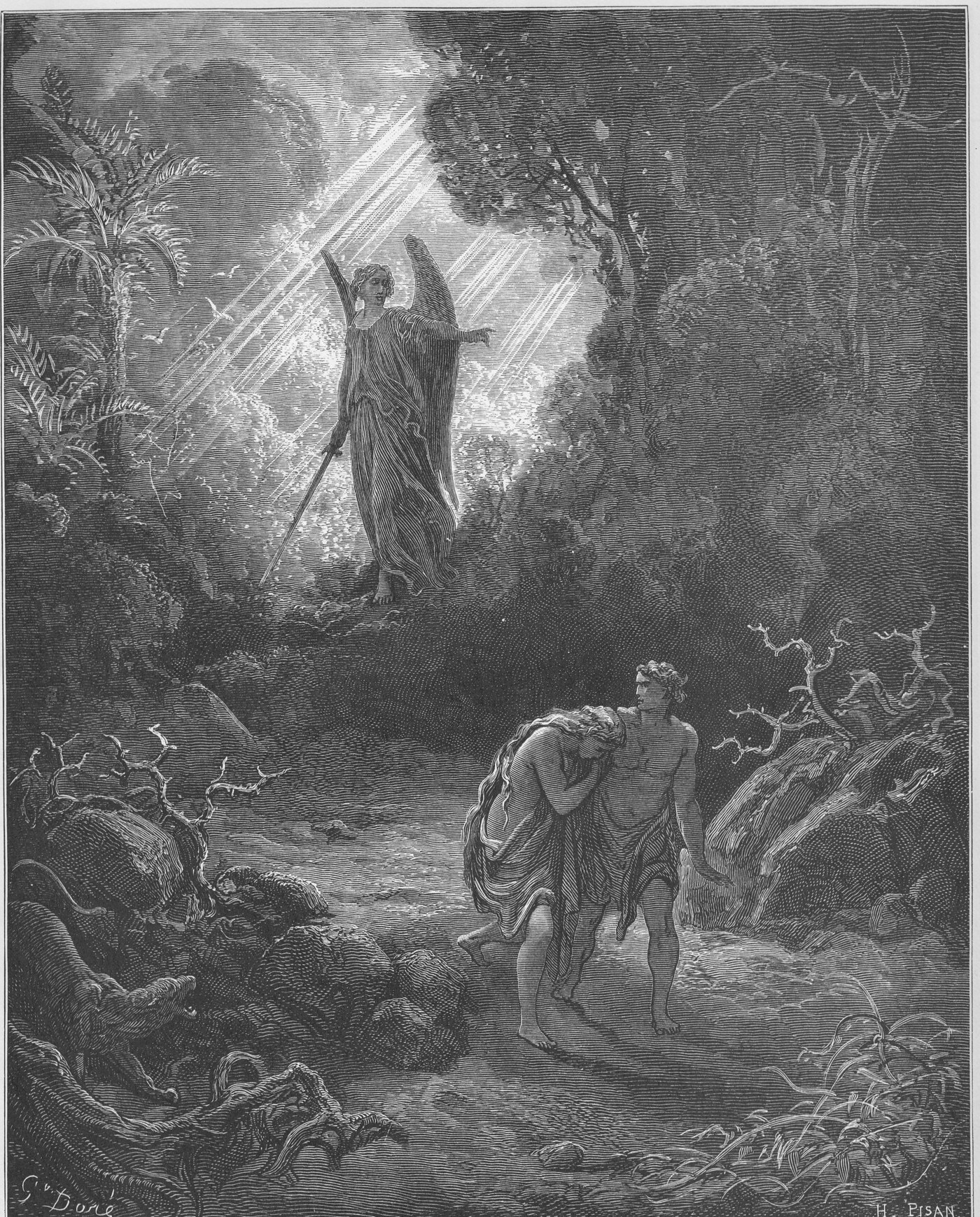 Engraving of Adam and Eve driven out of Eden, the angel with a flaming sword — Gustave Doré