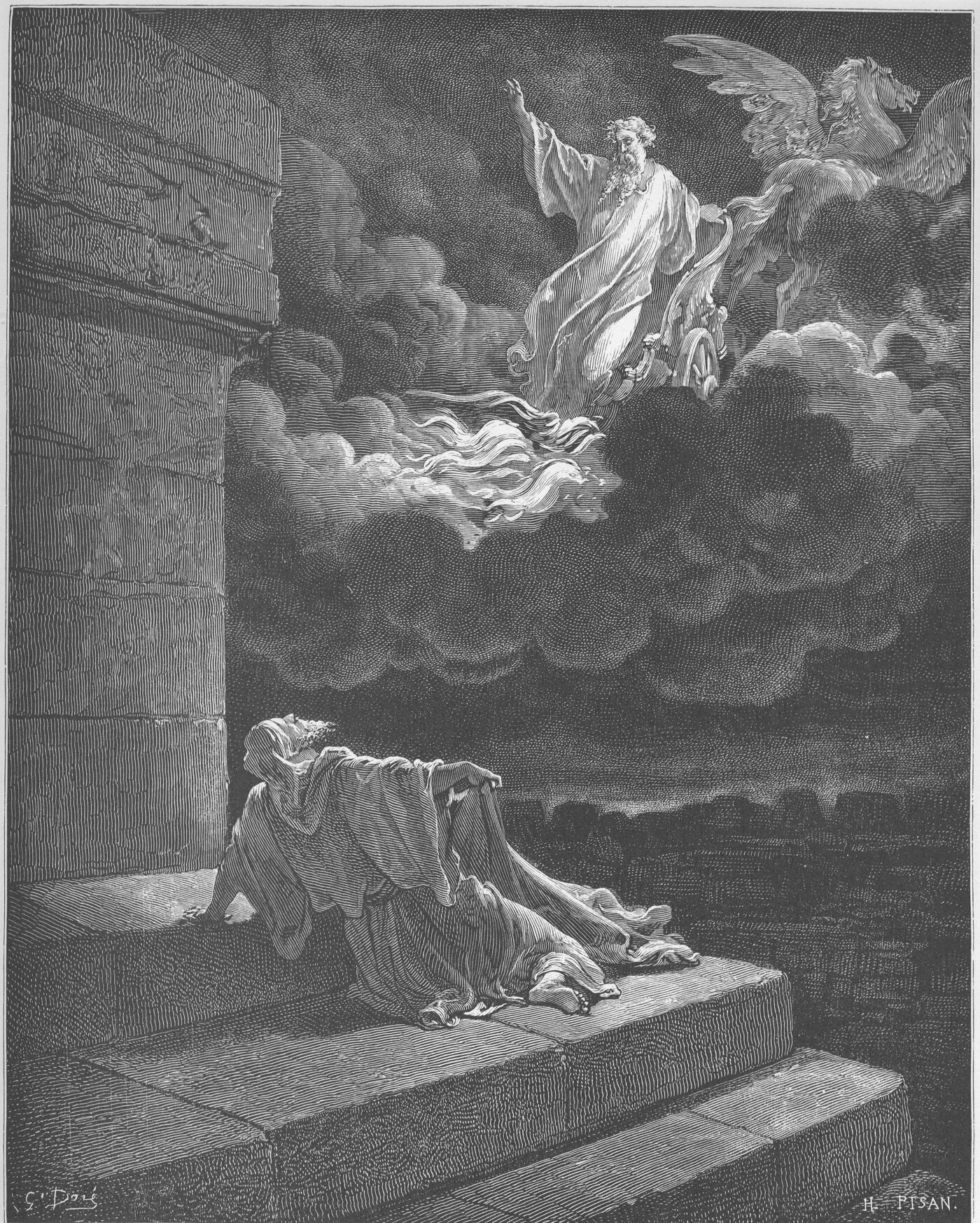 Engraving of Elijah taken up to heaven in a chariot of fire, Elisha reaching from below — Gustave Doré