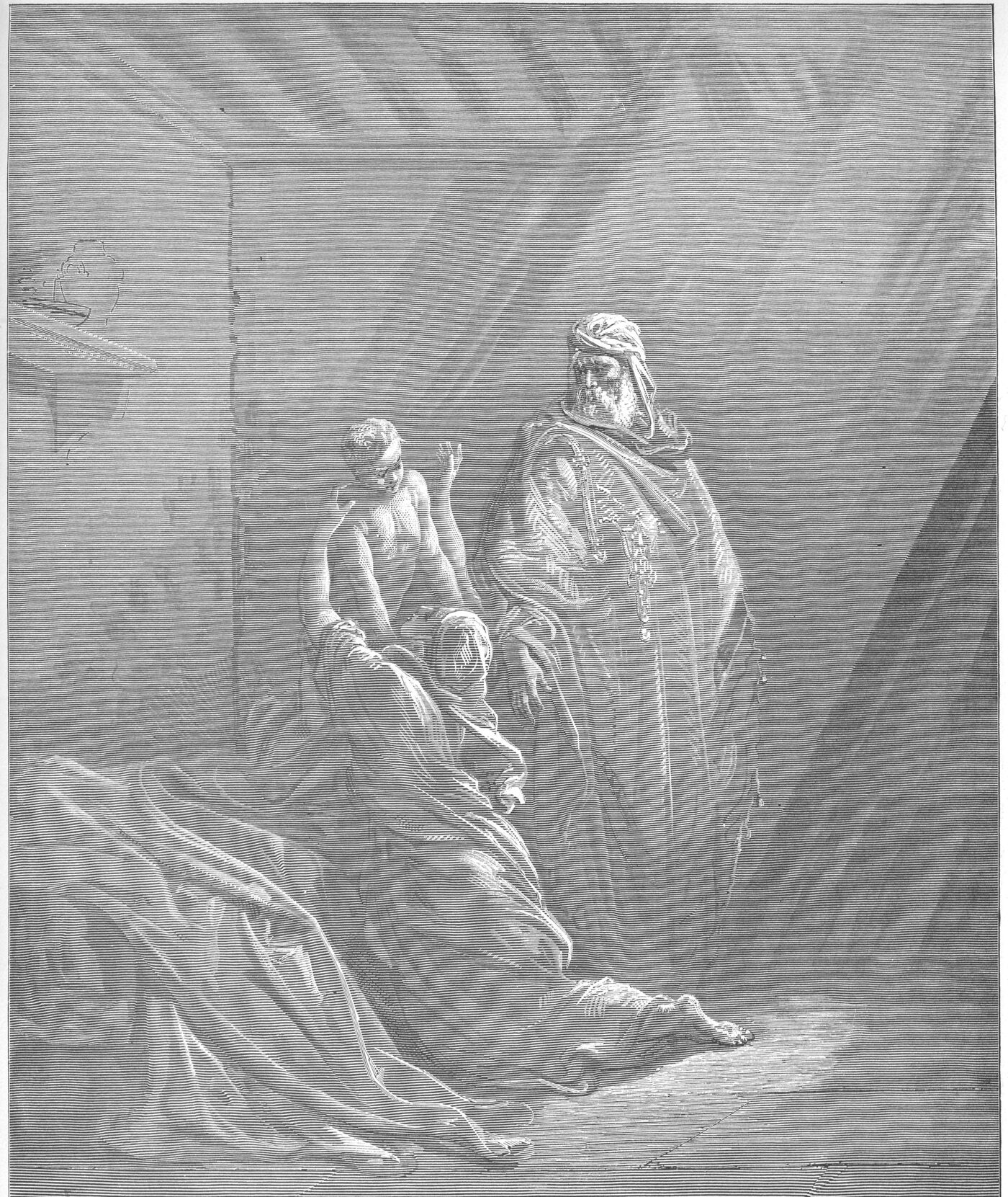 Engraving of Elijah raising the son of the widow of Zarephath, presenting the living child — Gustave Doré