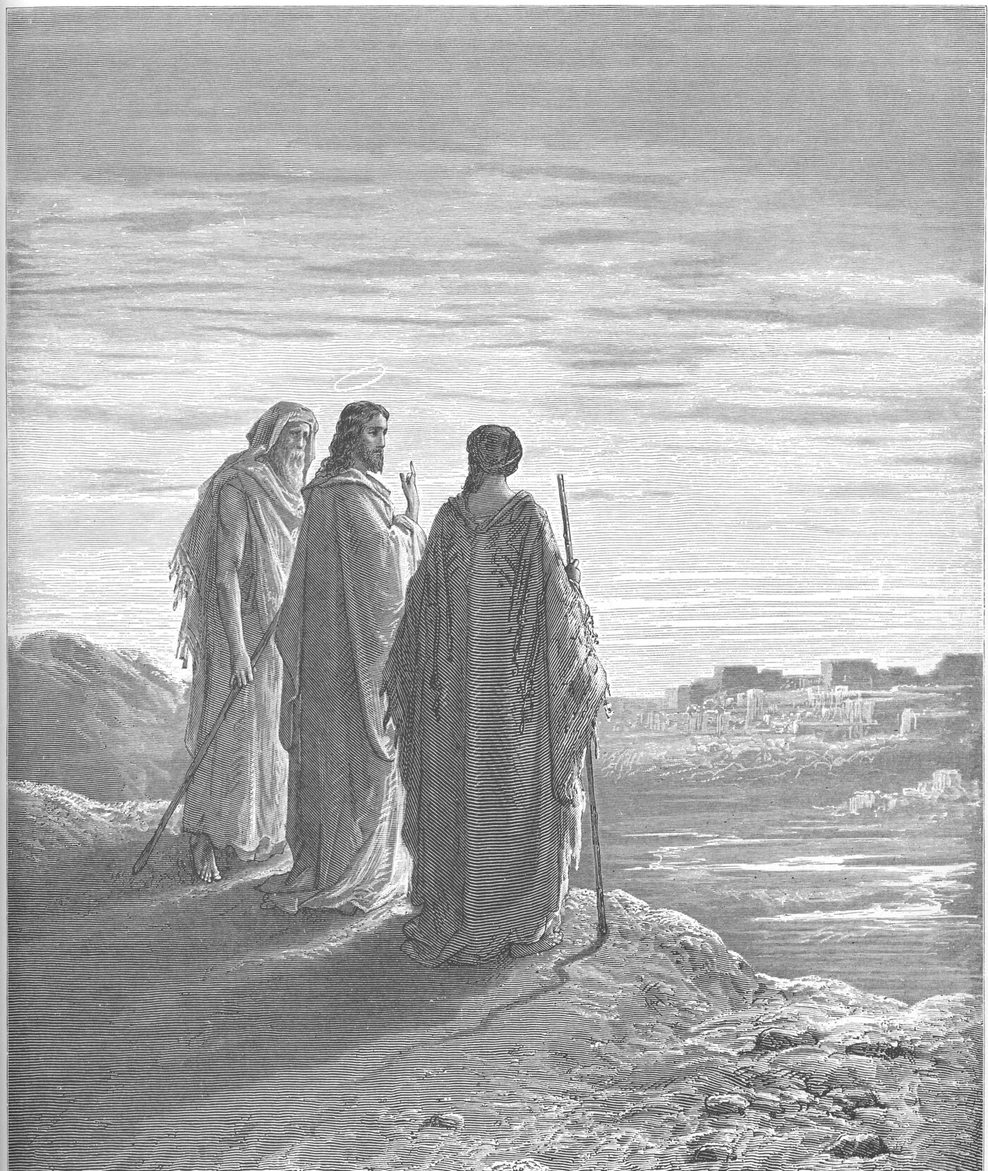The risen Christ walking with the two disciples to Emmaus, opening the Scriptures — Gustave Doré