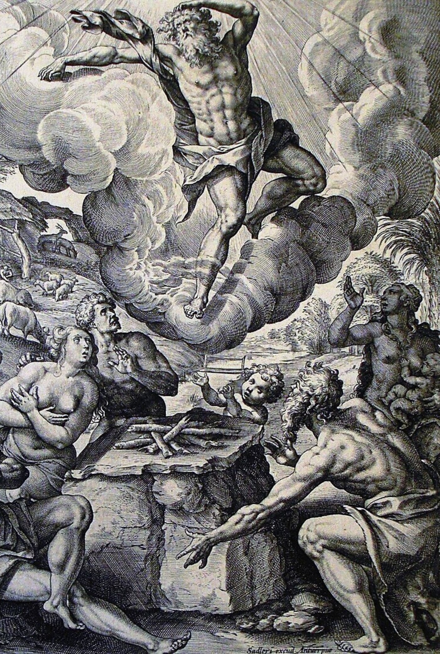 Enoch translated — taken up to God without dying — engraving after Maarten de Vos