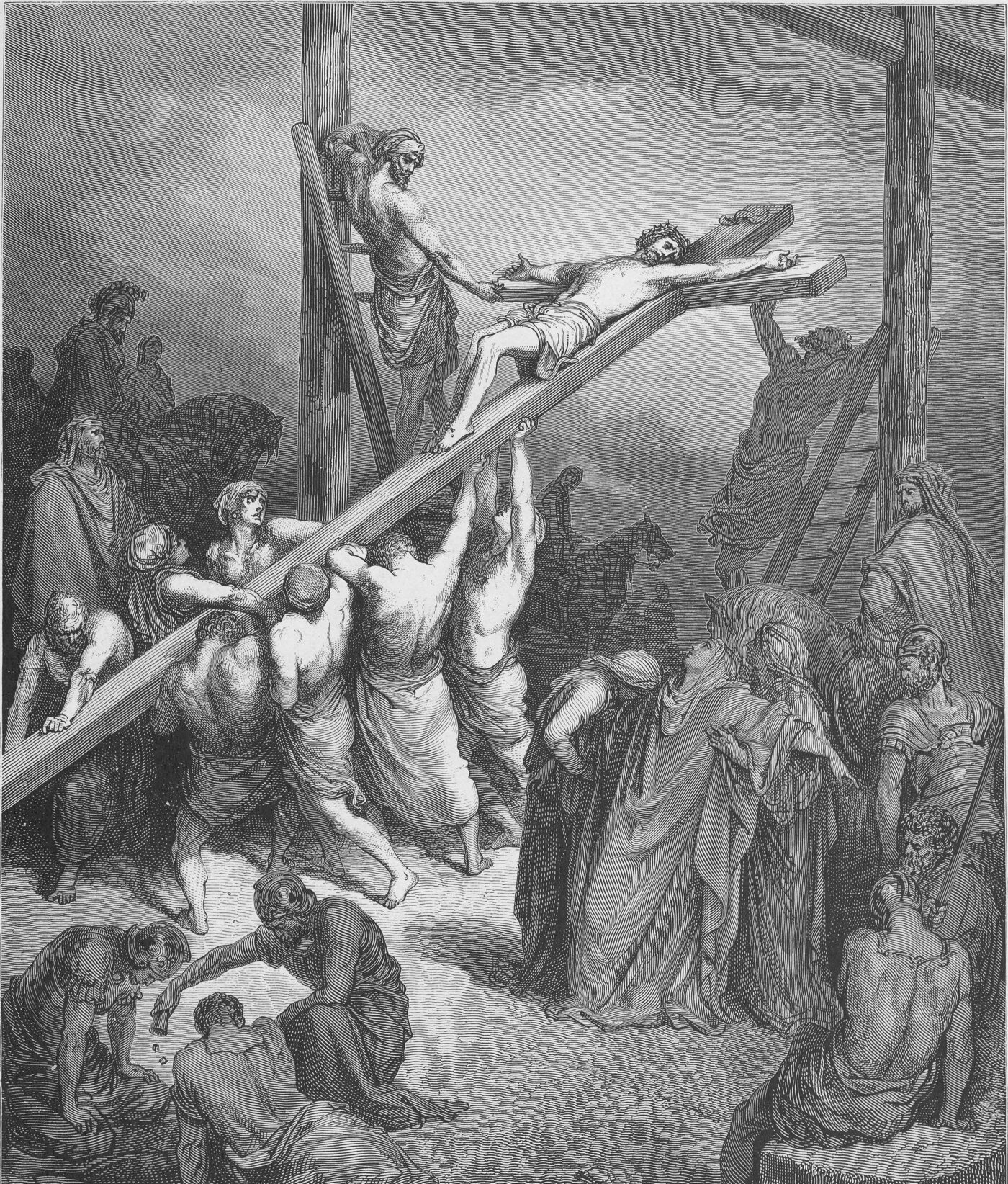 Engraving of the raising of the cross, the soldiers casting lots below — Gustave Doré