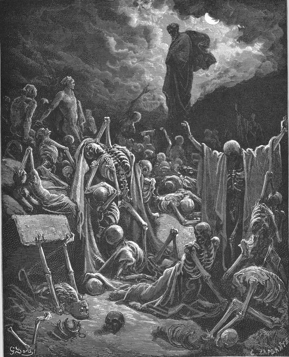 Engraving of Ezekiel's vision of the valley of dry bones — Gustave Doré