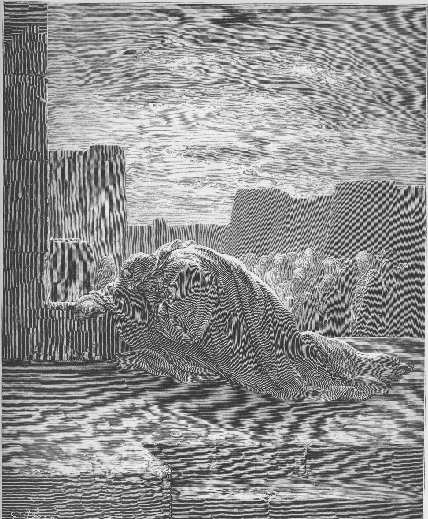 Engraving of Ezra fallen on his knees at evening, hands spread out unto the LORD — Gustave Doré