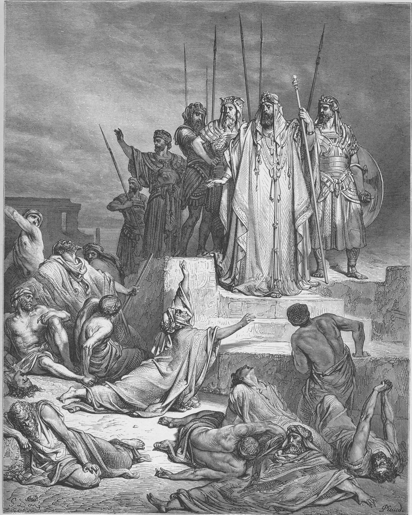 Engraving of the famine in Samaria, the robed king on the steps amid the stricken people — Gustave Doré