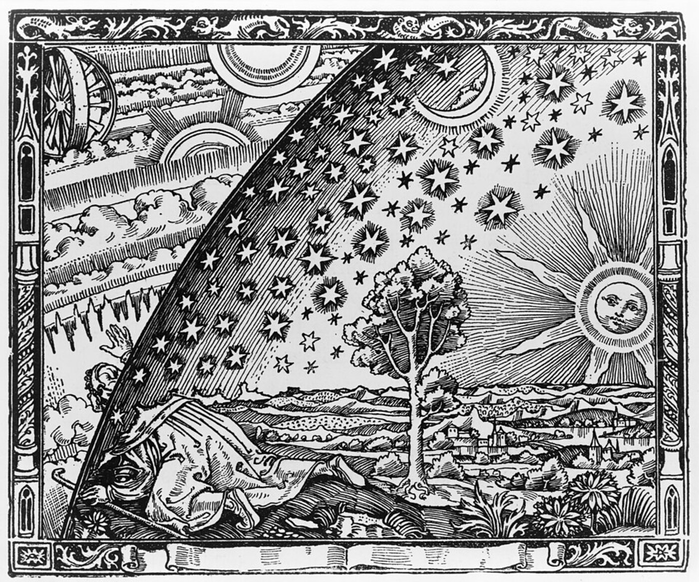 A traveler reaching through the edge of the sky to see what lies beyond — the Flammarion engraving