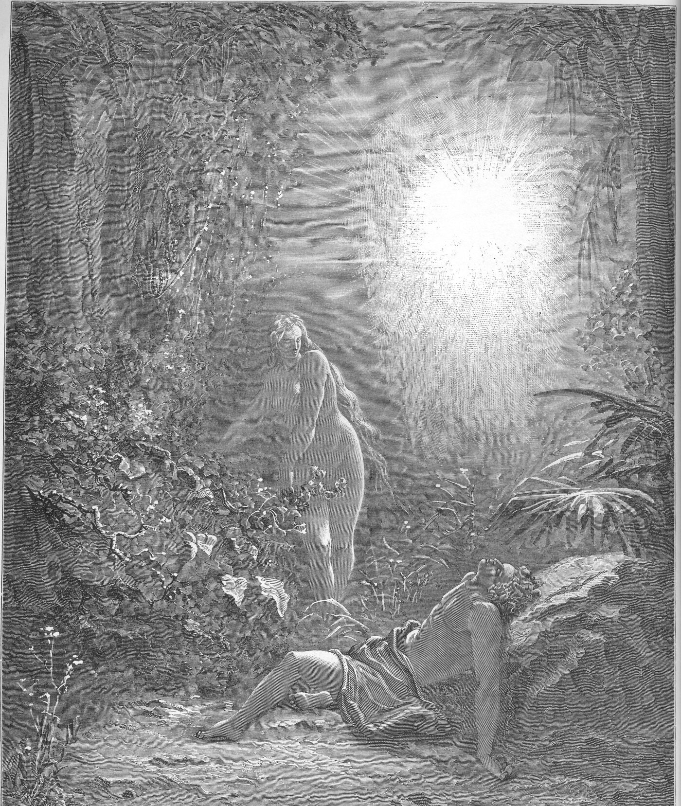 Engraving of the formation of Eve, rising in light beside the sleeping Adam in Eden — Gustave Doré