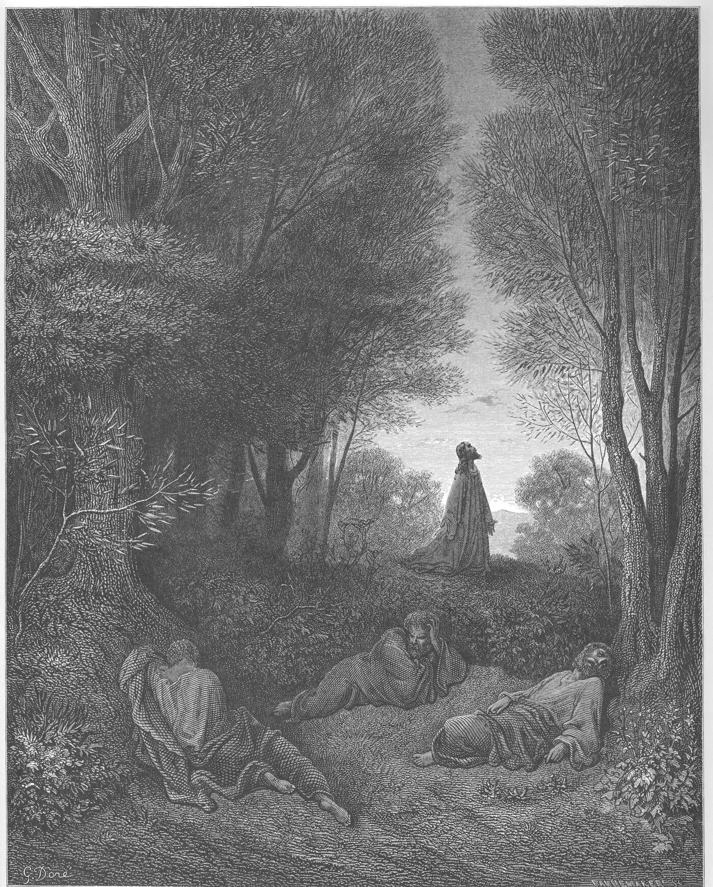 Engraving of Jesus praying alone in the garden of Gethsemane while the disciples sleep — Gustave Doré