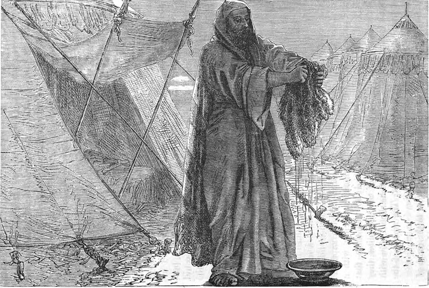 Gideon holding out the wrung-out fleece before the LORD — public domain engraving