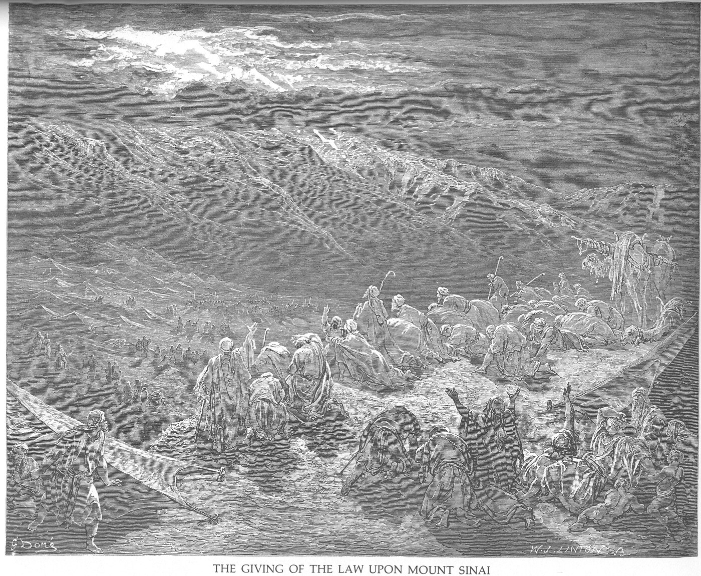 The nation of Israel gathered trembling at Mount Sinai to receive the law — Gustave Doré