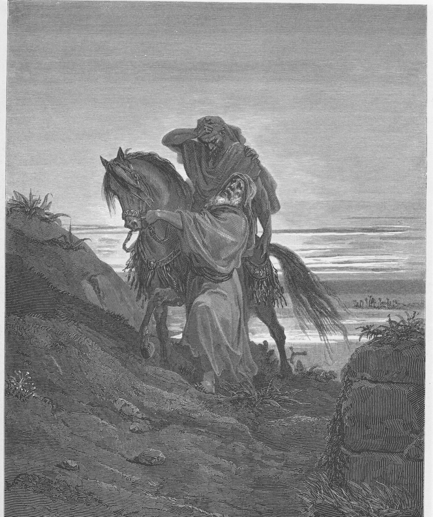 Engraving of the Good Samaritan lifting the wounded man onto his own beast — Gustave Doré