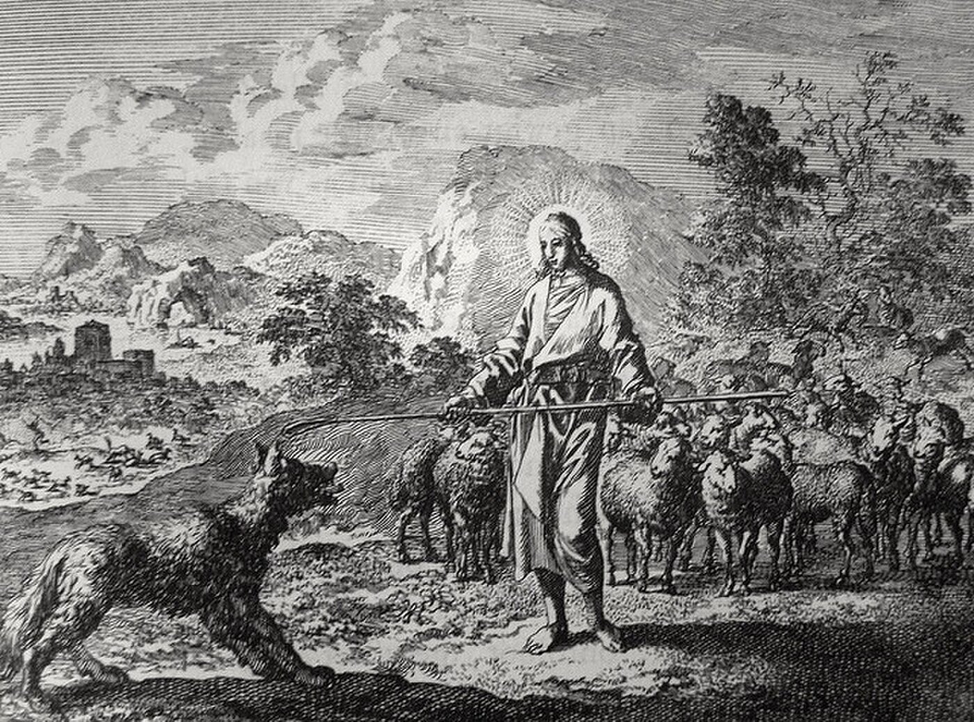 Engraving of Christ the Good Shepherd with His staff, the flock behind Him and a wolf held off at the edge — Jan Luyken