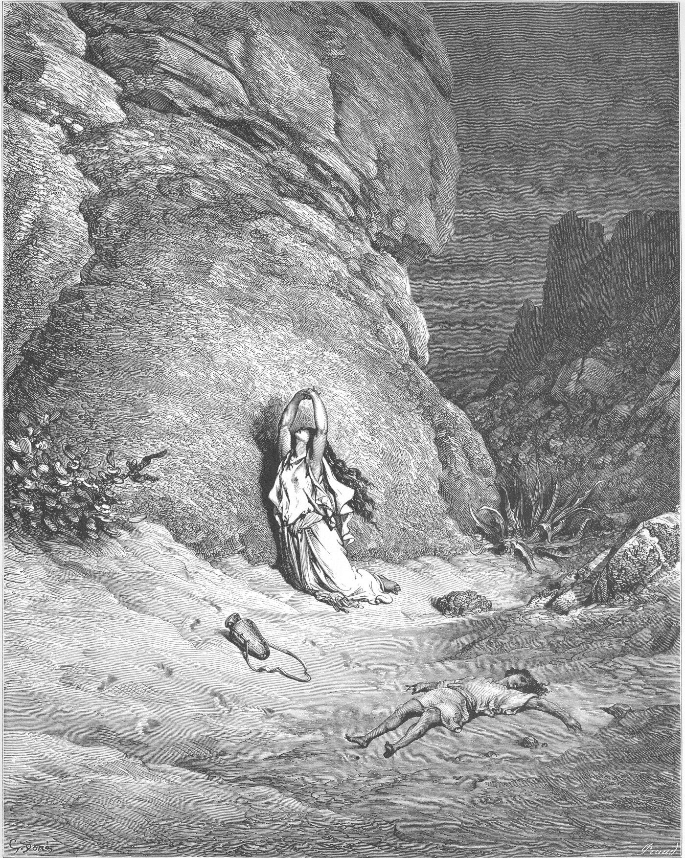 Hagar and Ishmael in the wilderness, met by the angel of the LORD — public domain
