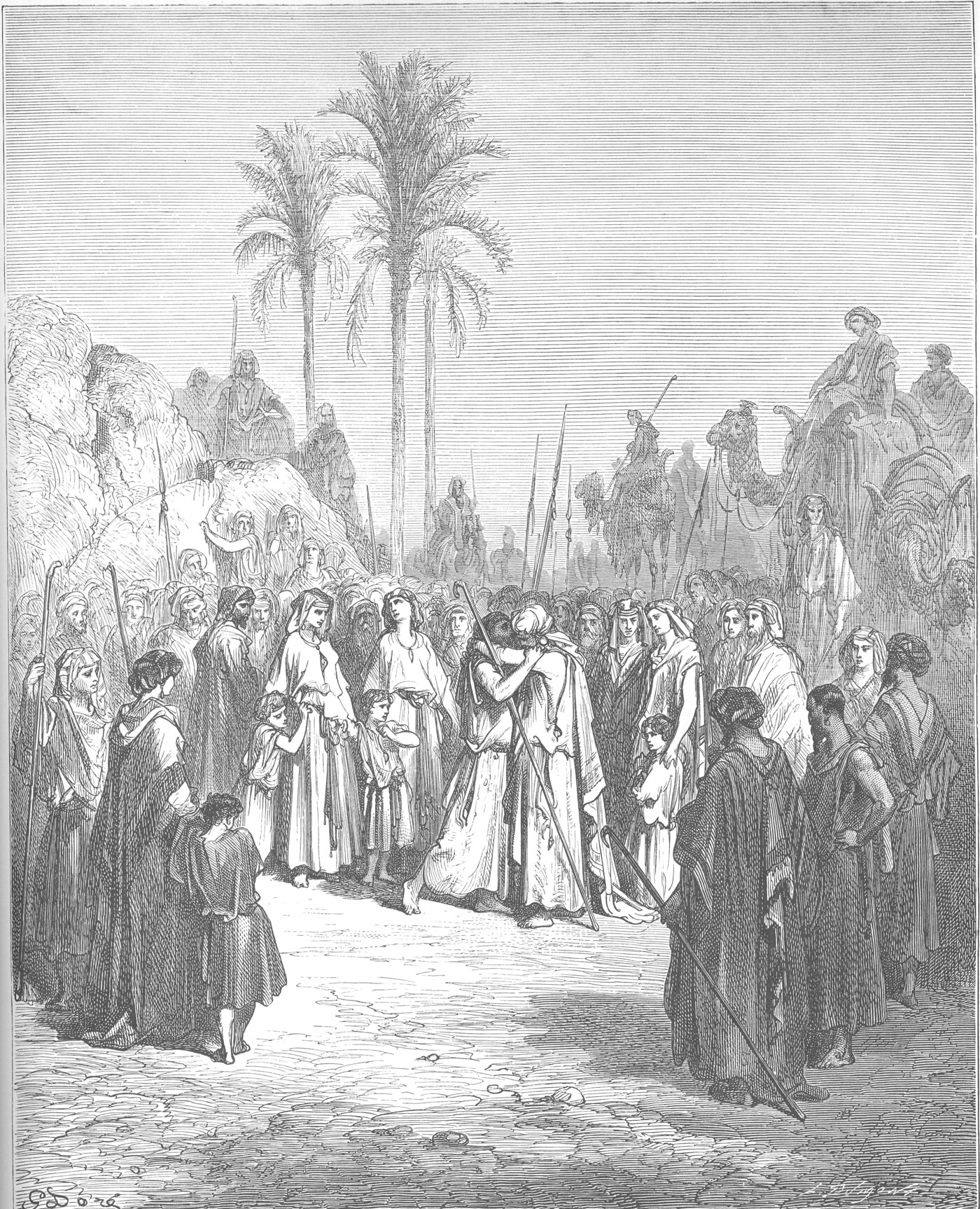 The meeting of Jacob and Esau, Esau running to embrace his brother — Gustave Doré