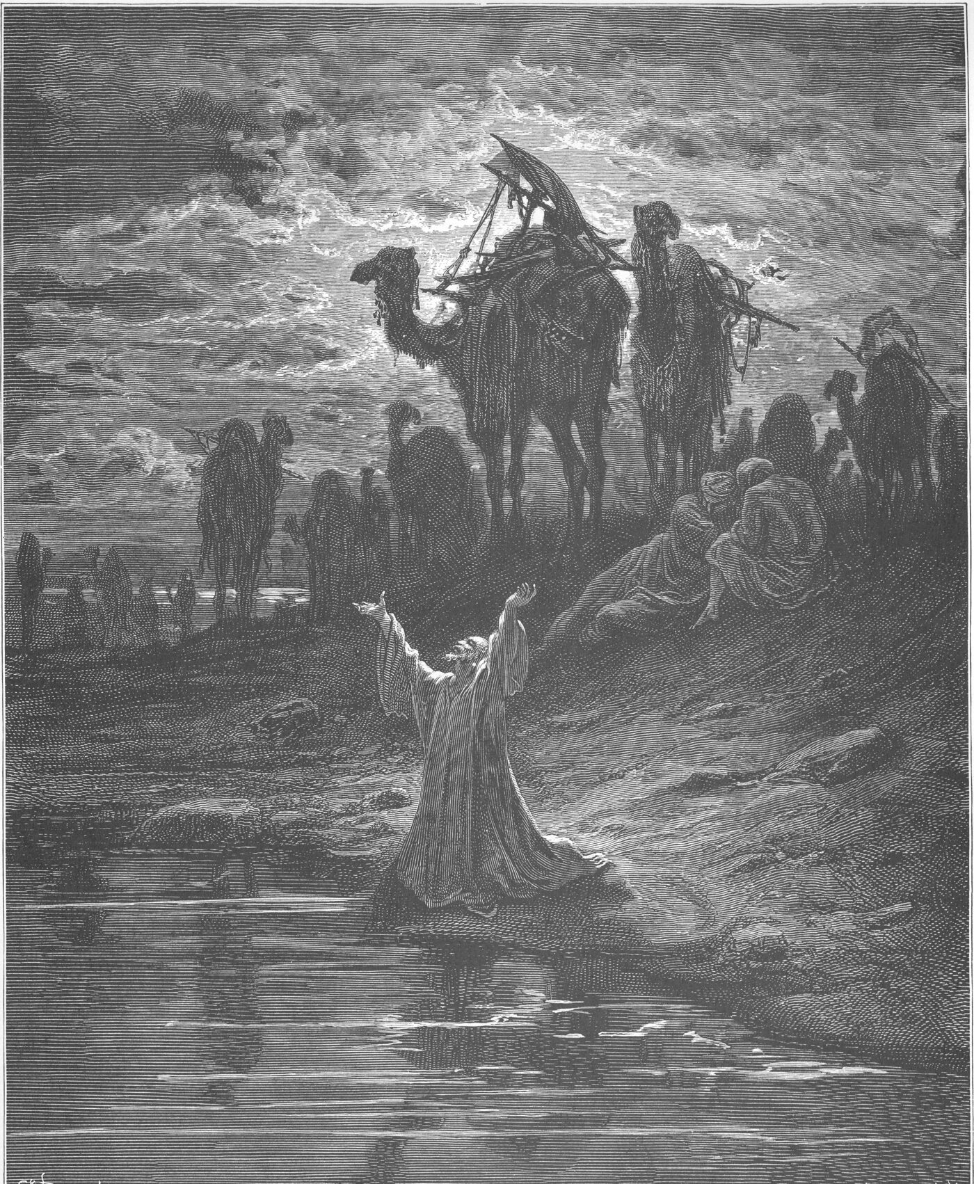 Engraving of Jacob kneeling in prayer at the brook, arms lifted, the caravan behind — Gustave Doré