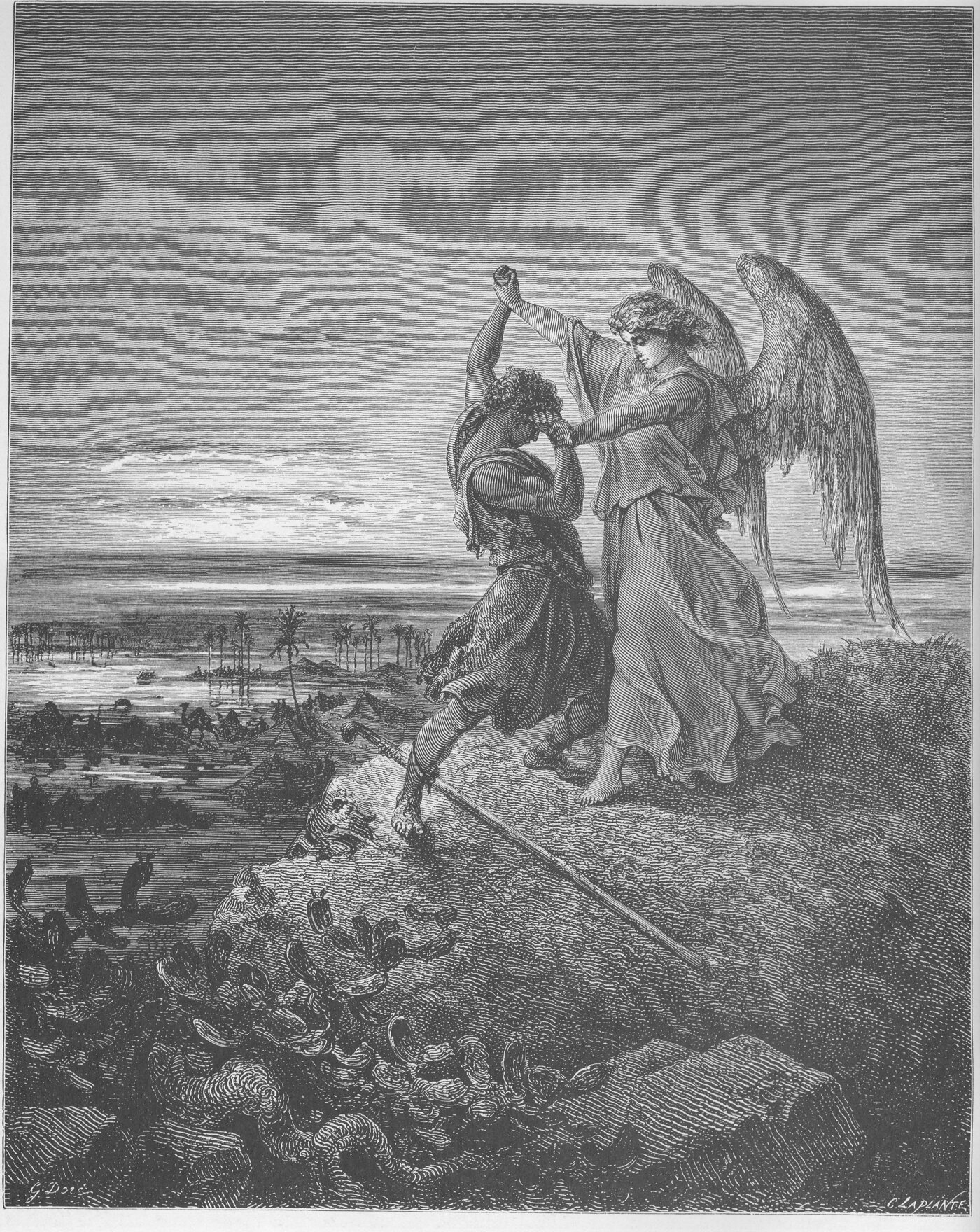 Engraving of Jacob wrestling with the angel at daybreak on a rocky height — Gustave Doré