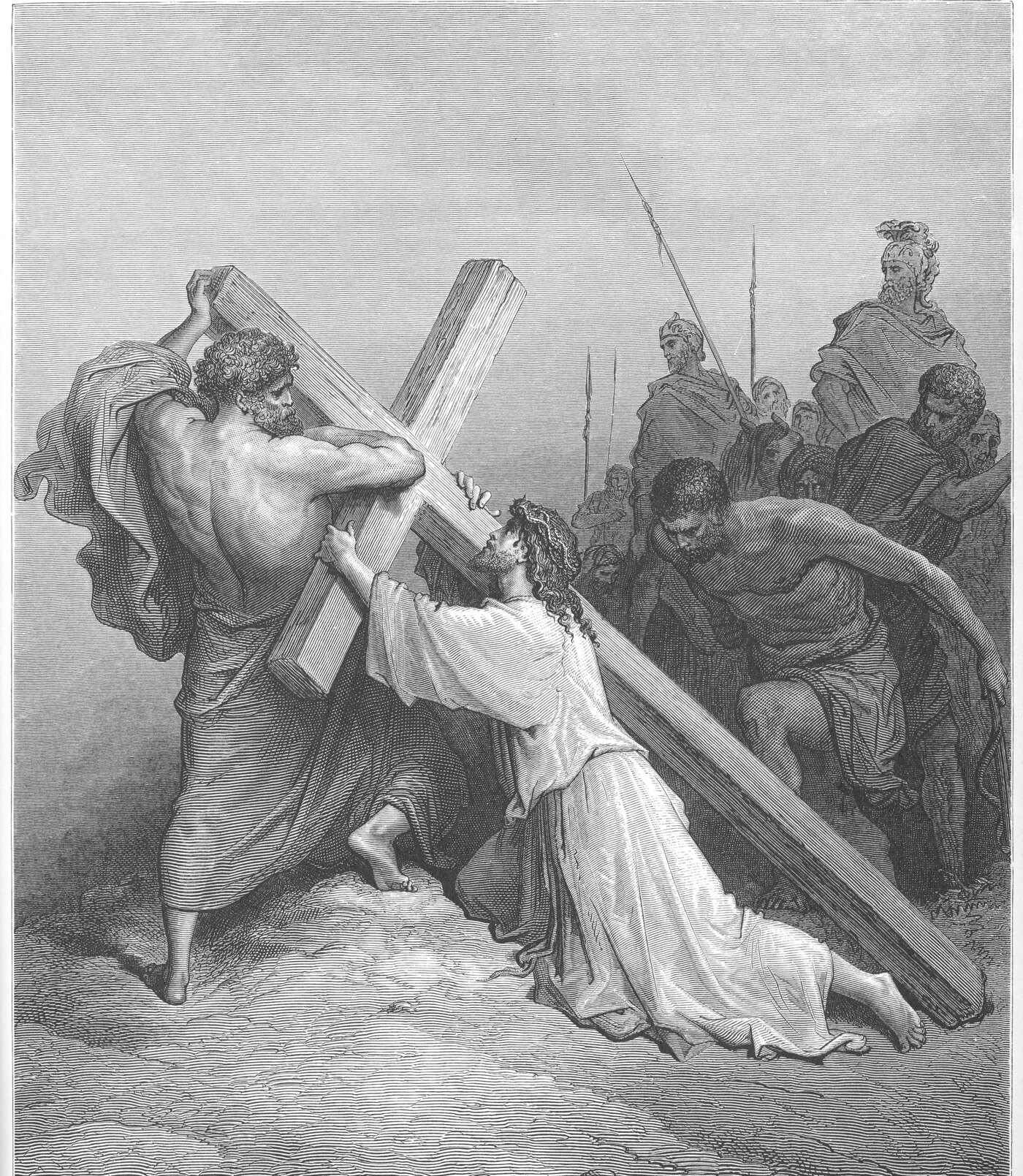Jesus falling beneath the cross, Simon of Cyrene compelled to help bear it — Gustave Doré