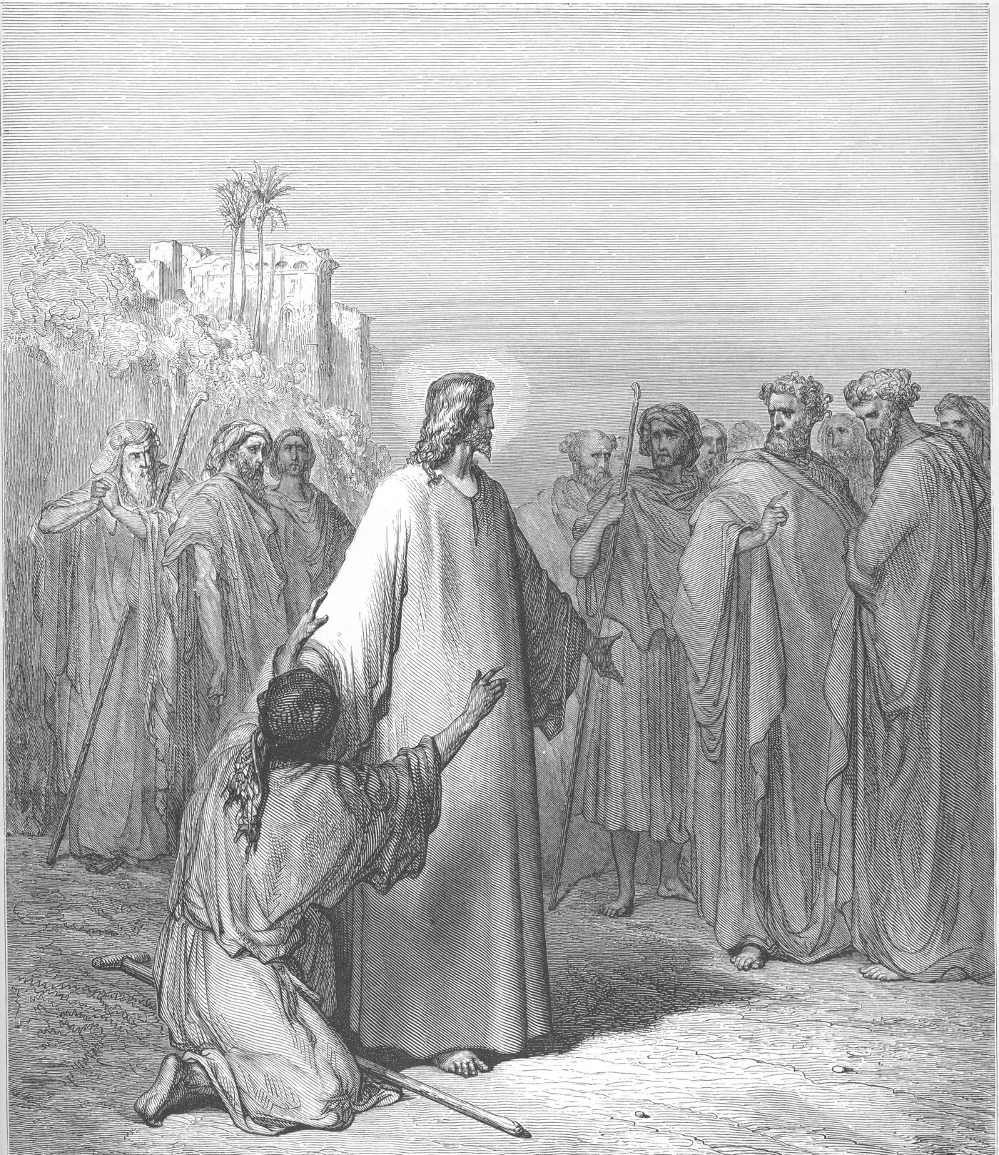 Jesus healing the man possessed with a devil — Christ with hand extended to a kneeling man — Gustave Doré