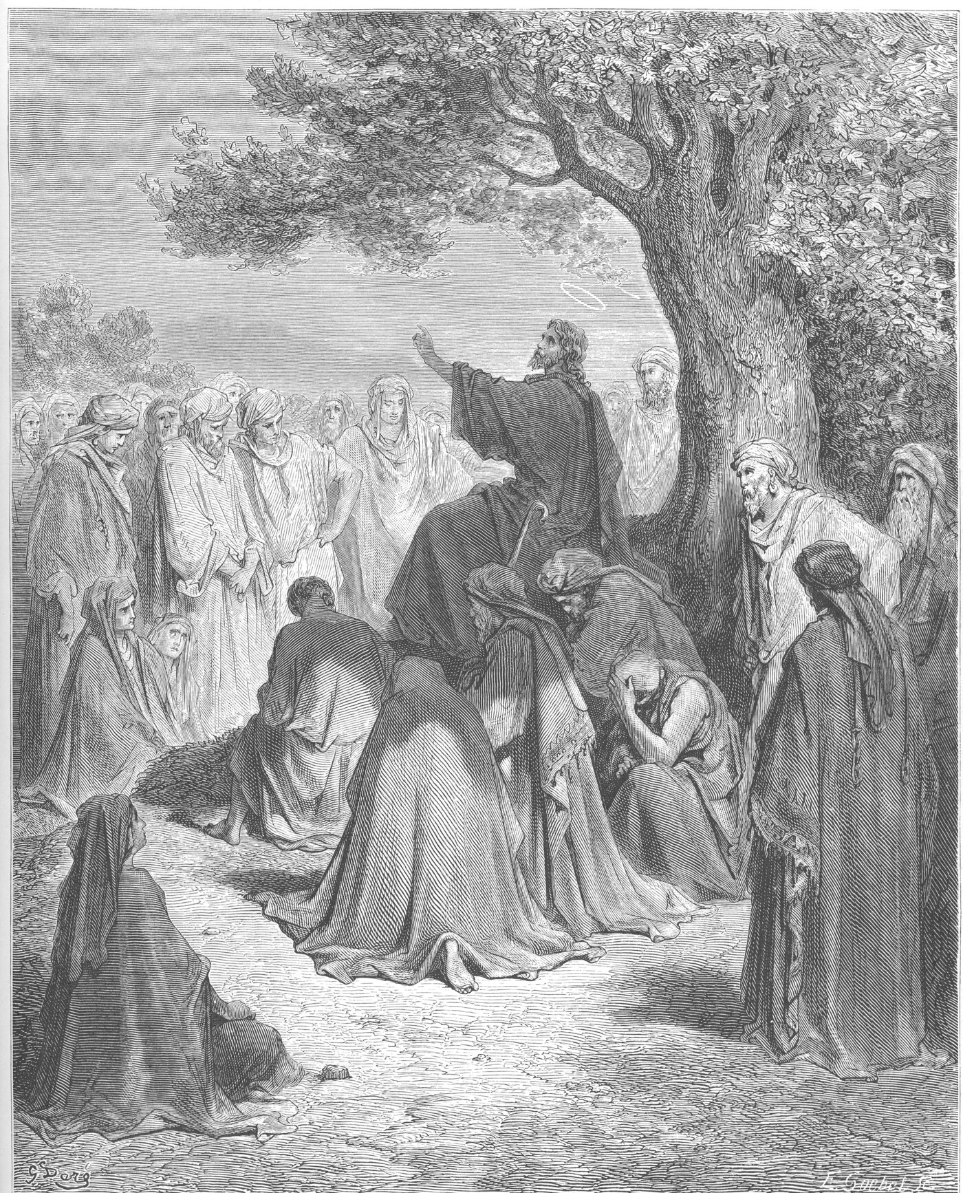 Engraving of Jesus preaching to the multitude under a tree — Gustave Doré