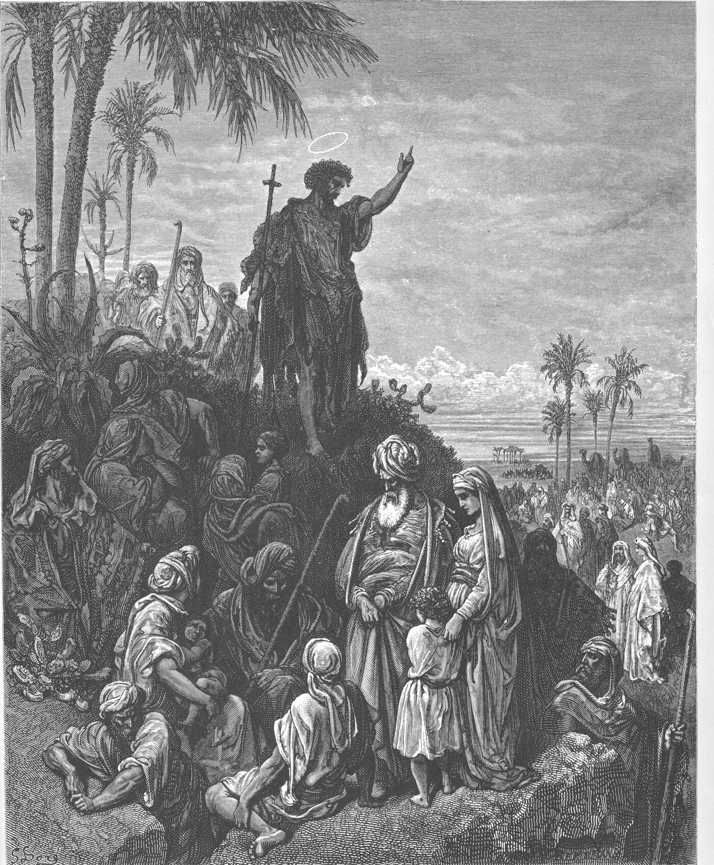 Engraving of John the Baptist preaching in the wilderness, arm raised — Gustave Doré