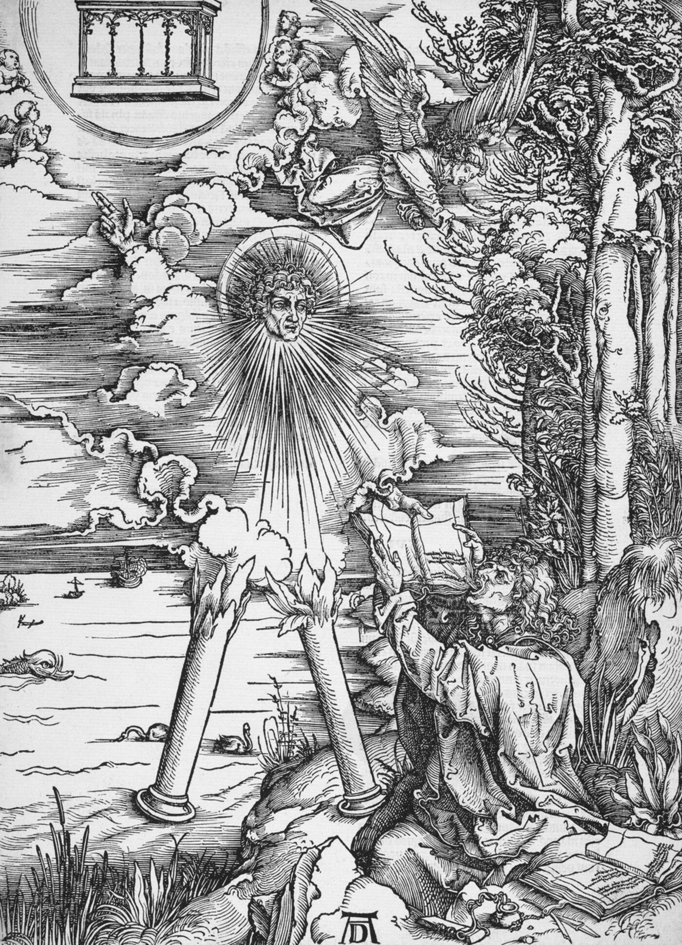 St. John receiving the open book from the mighty angel, the sun-faced angel with pillars of fire — Albrecht Dürer