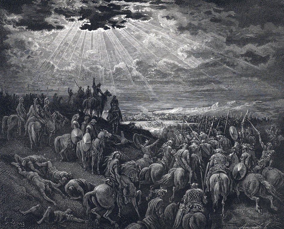 Engraving of Joshua commanding the sun to stand still over the marching host — Gustave Doré