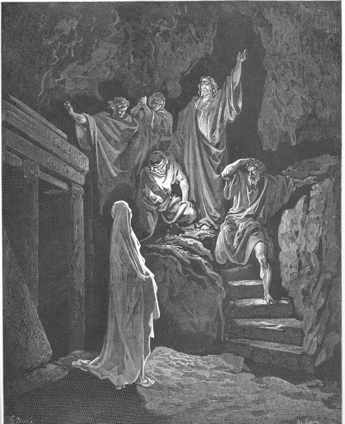 Engraving of the raising of Lazarus, Jesus calling him from the tomb — Gustave Doré