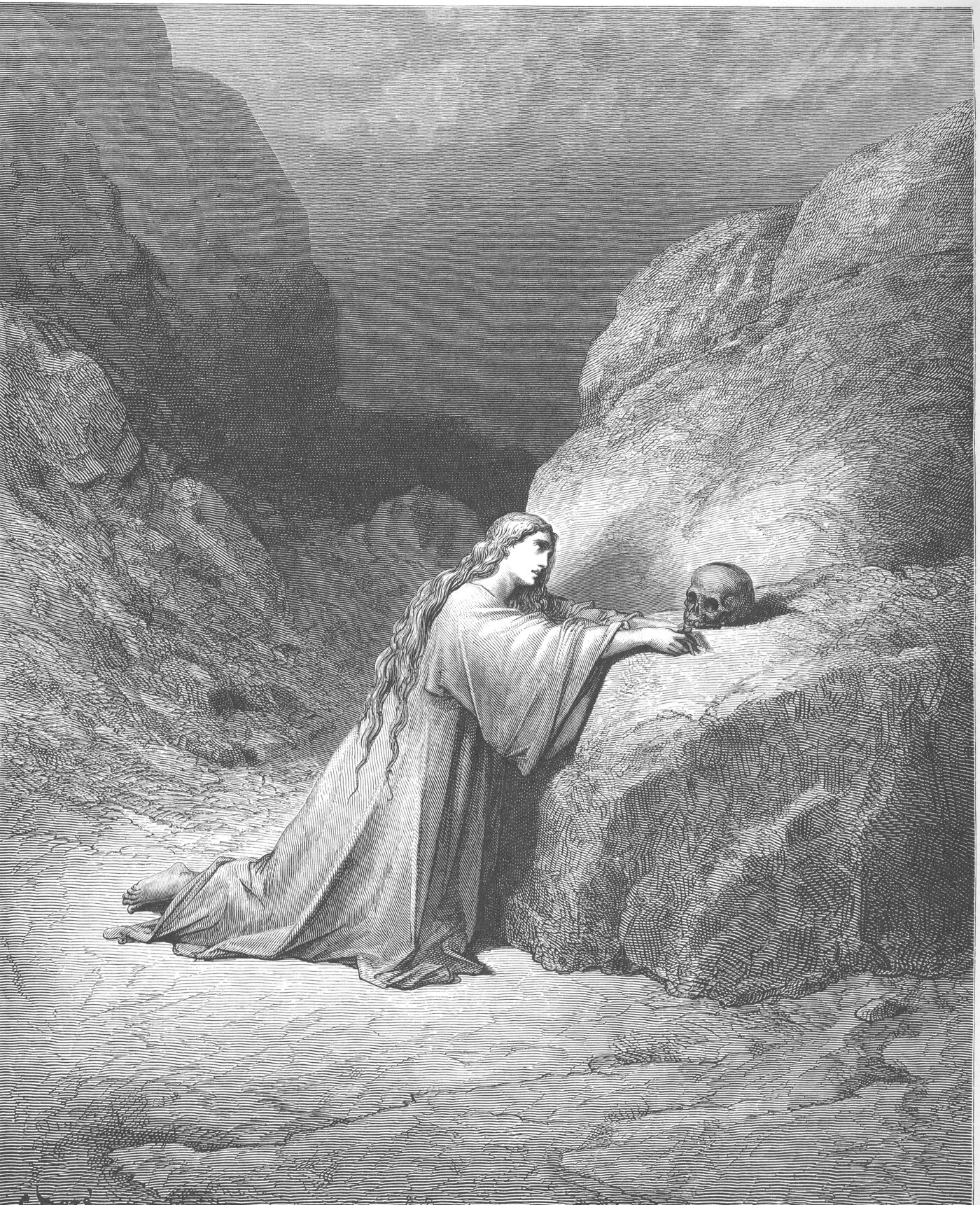 Mary Magdalene kneeling in repentance in the wilderness — Gustave Doré