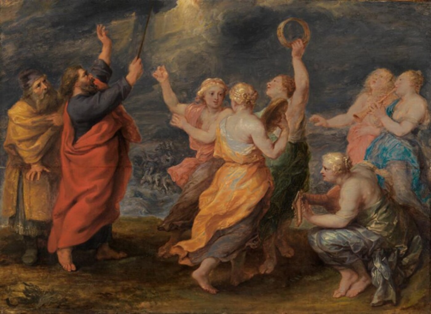 Miriam and the women dancing with timbrels after the Red Sea, Moses raising his rod — after Rubens