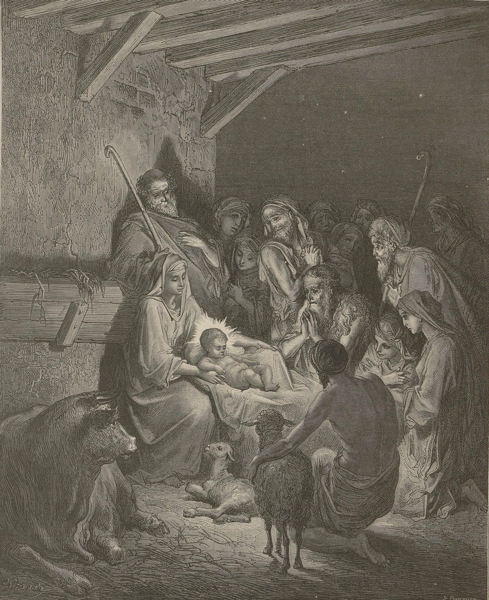 Engraving of the Nativity, the Christ child in the manger — Gustave Doré