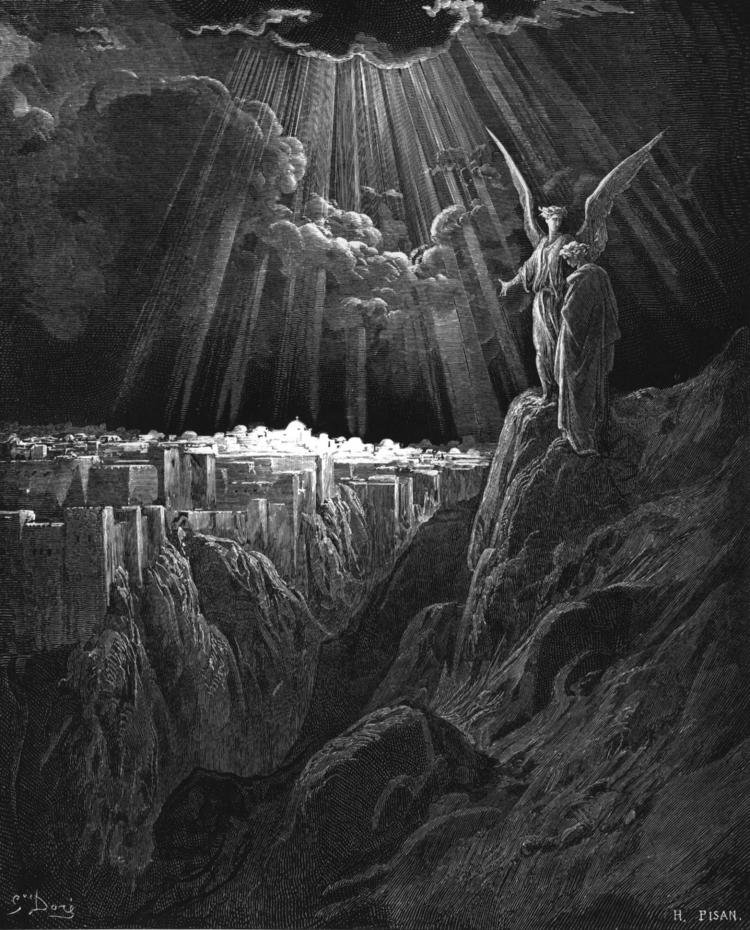 Engraving of the angel showing the New Jerusalem descending from heaven — Gustave Doré