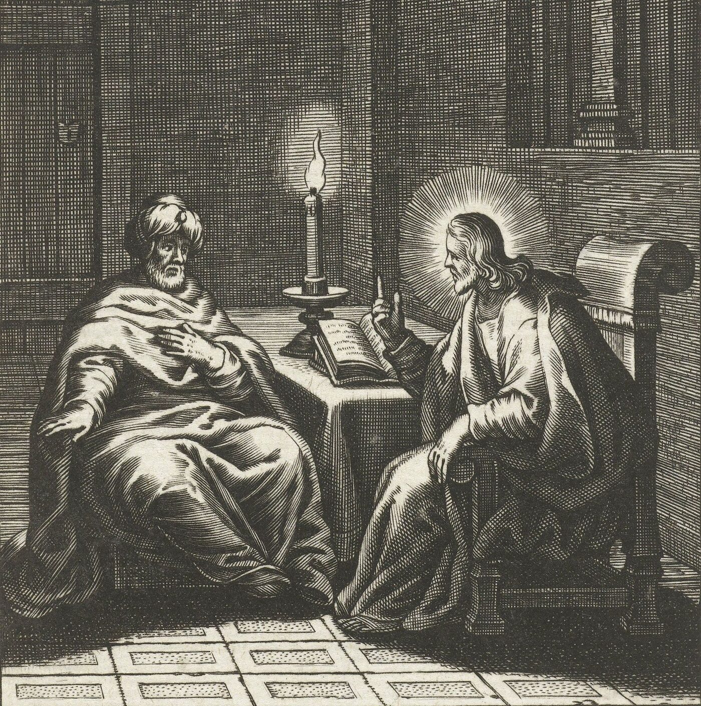 Engraving of Christ teaching Nicodemus by candlelight at night — c. 1622
