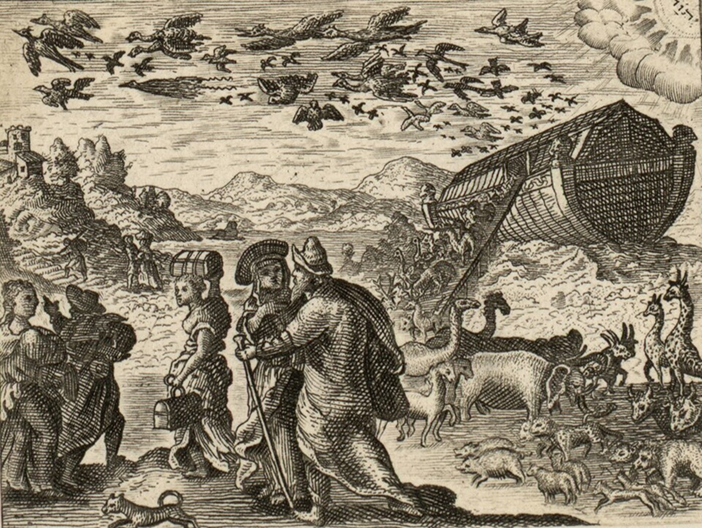 Noah's family and the animals going into the ark — antique engraving