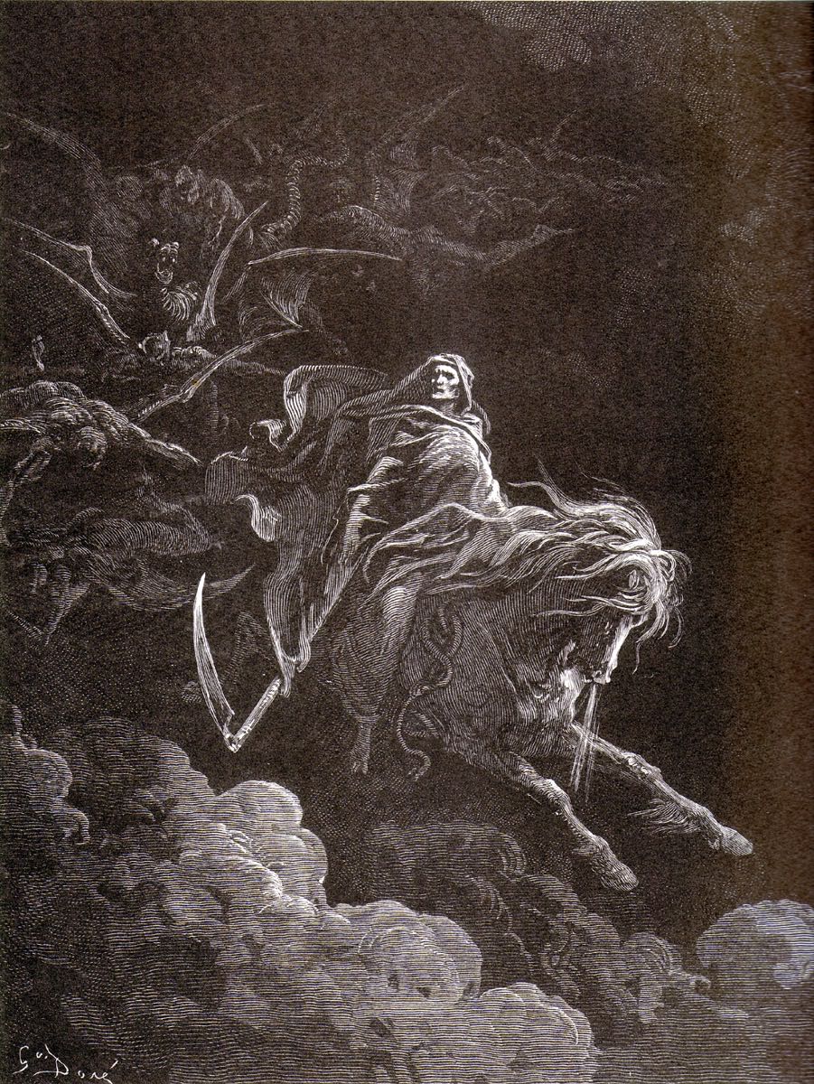 Engraving of Death riding the pale horse from the book of Revelation — Gustave Doré